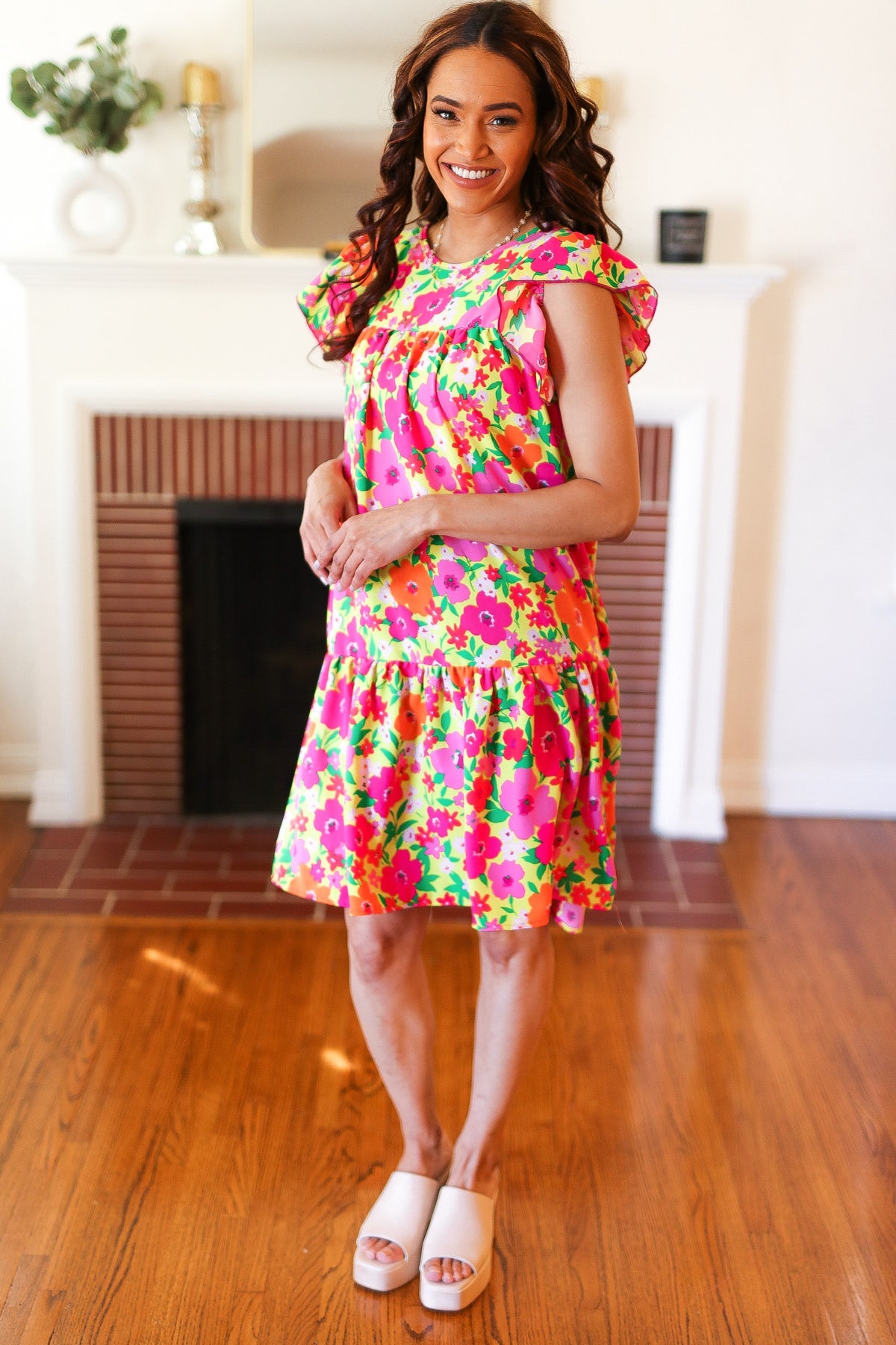 Be Charming Lime & Pink Floral Print Tiered Ruffle Sleeve Dress - Charming Charlie