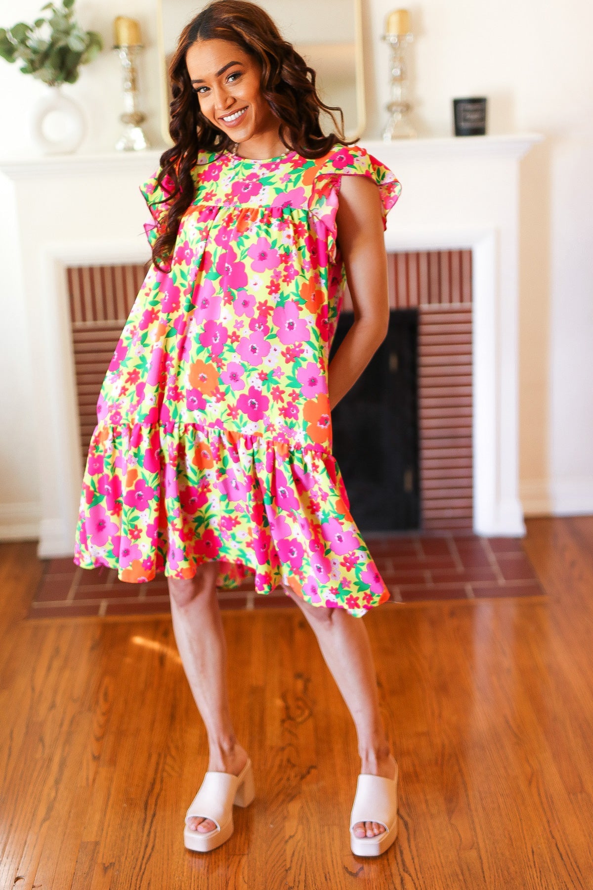 Be Charming Lime & Pink Floral Print Tiered Ruffle Sleeve Dress - Charming Charlie