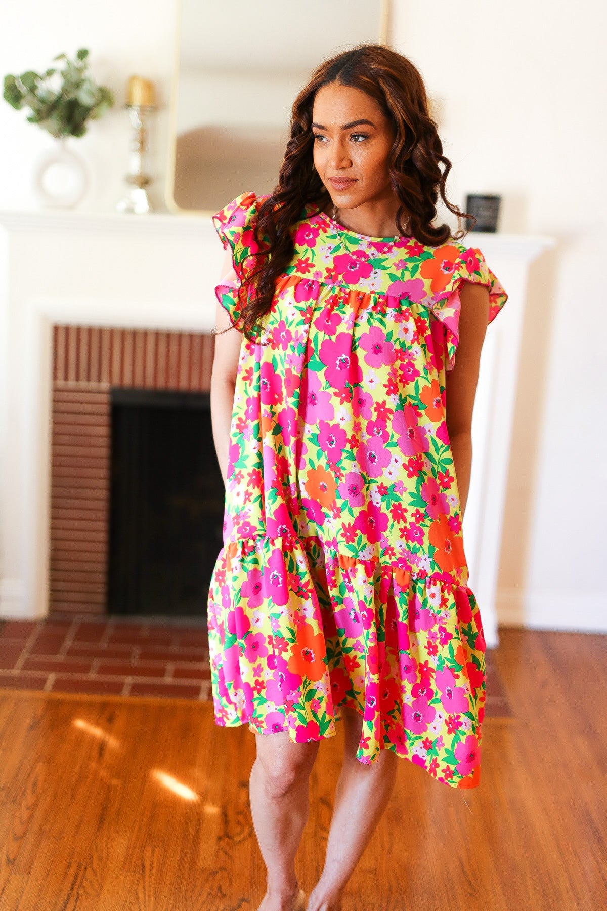 Be Charming Lime & Pink Floral Print Tiered Ruffle Sleeve Dress - Charming Charlie