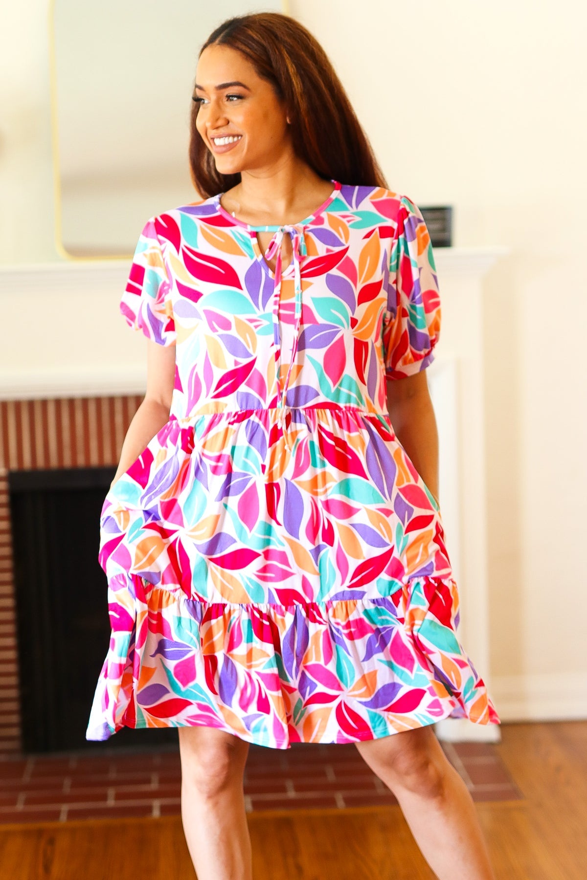 Feel Your Best Multicolor Floral Tiered Front Tie Pocketed Dress - Charming Charlie