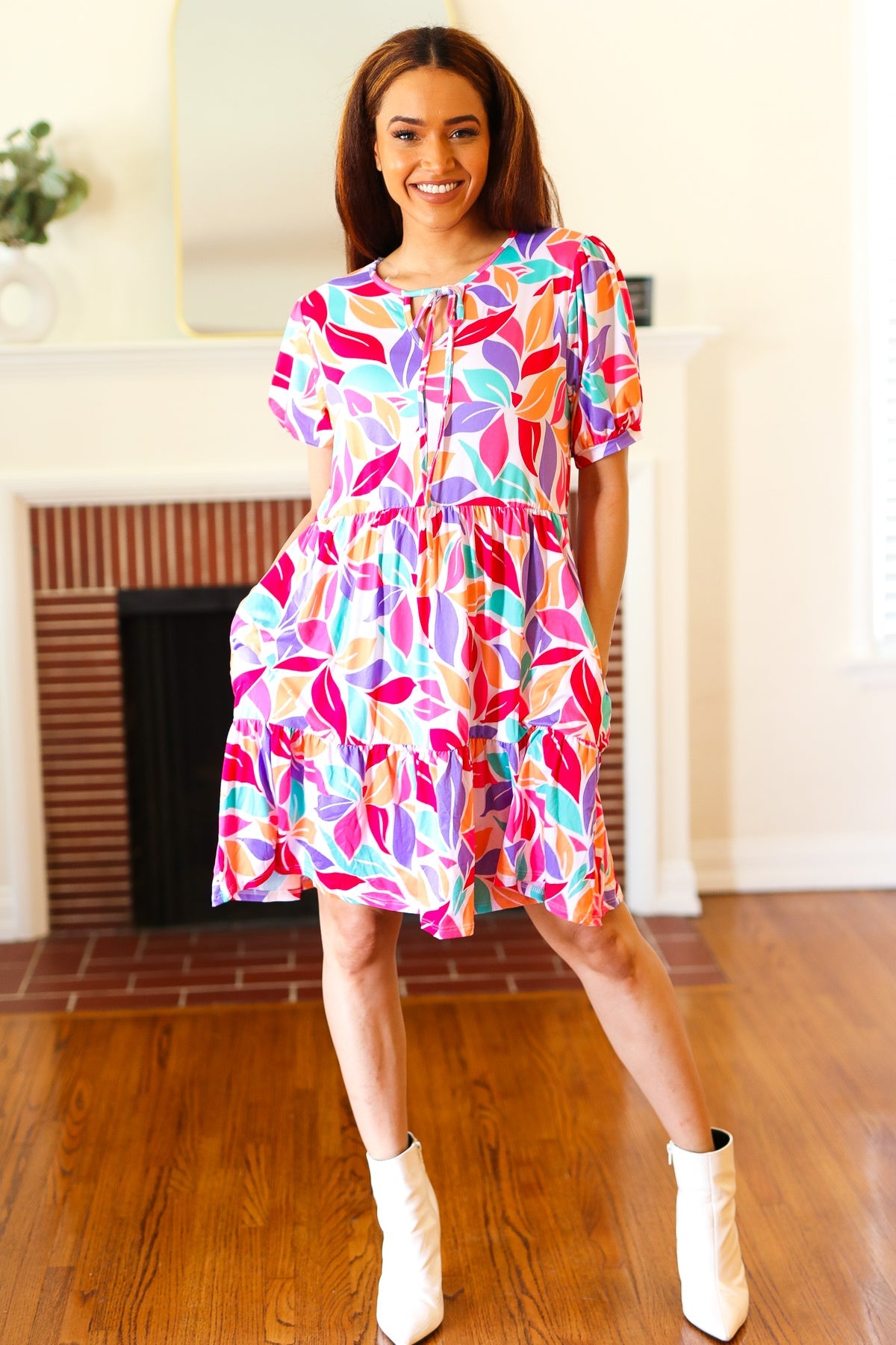 Feel Your Best Multicolor Floral Tiered Front Tie Pocketed Dress - Charming Charlie