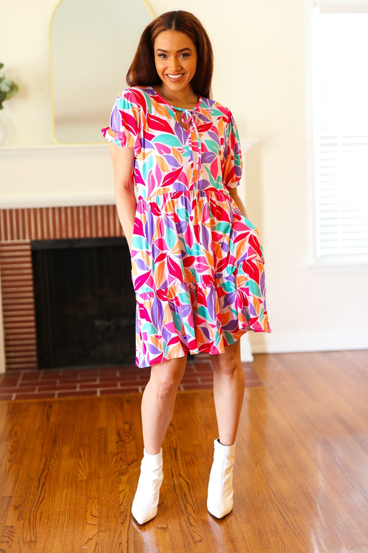 Feel Your Best Multicolor Floral Tiered Front Tie Pocketed Dress - Charming Charlie