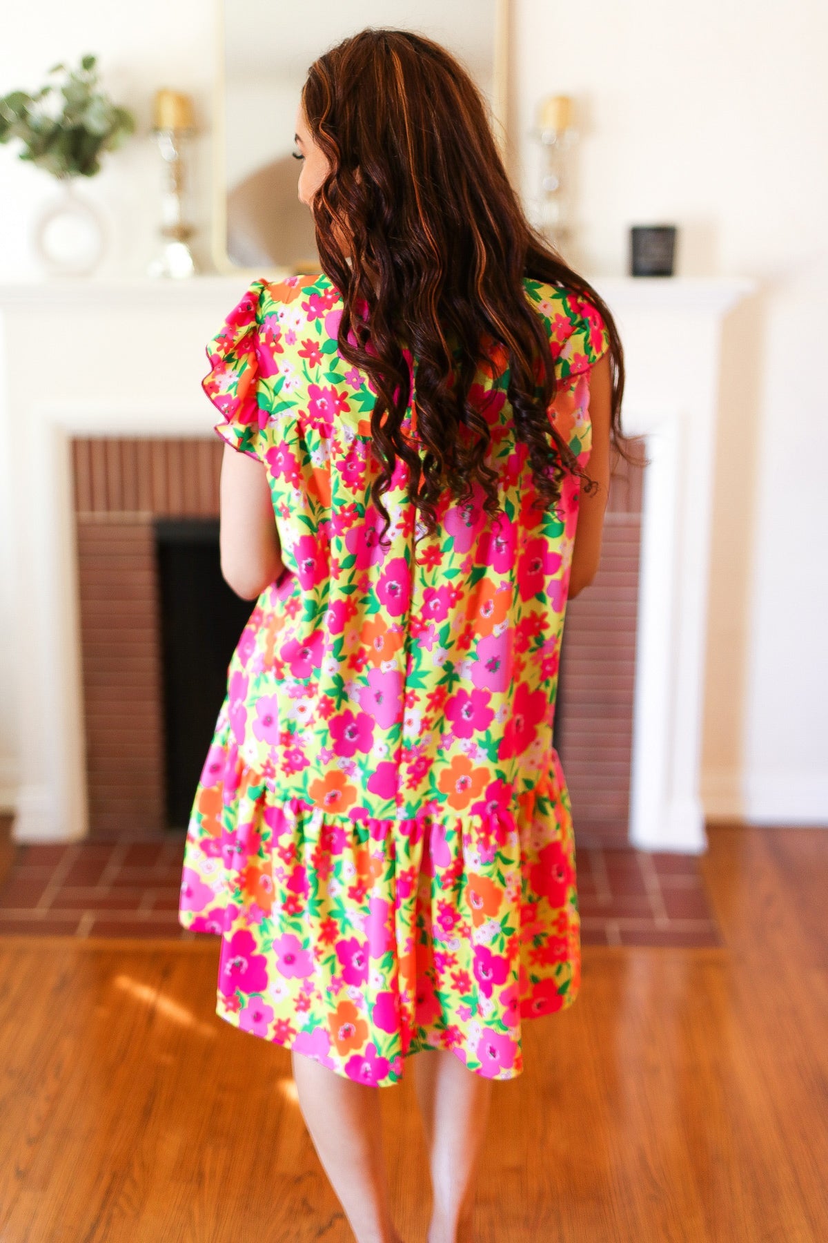 Be Charming Lime & Pink Floral Print Tiered Ruffle Sleeve Dress - Charming Charlie