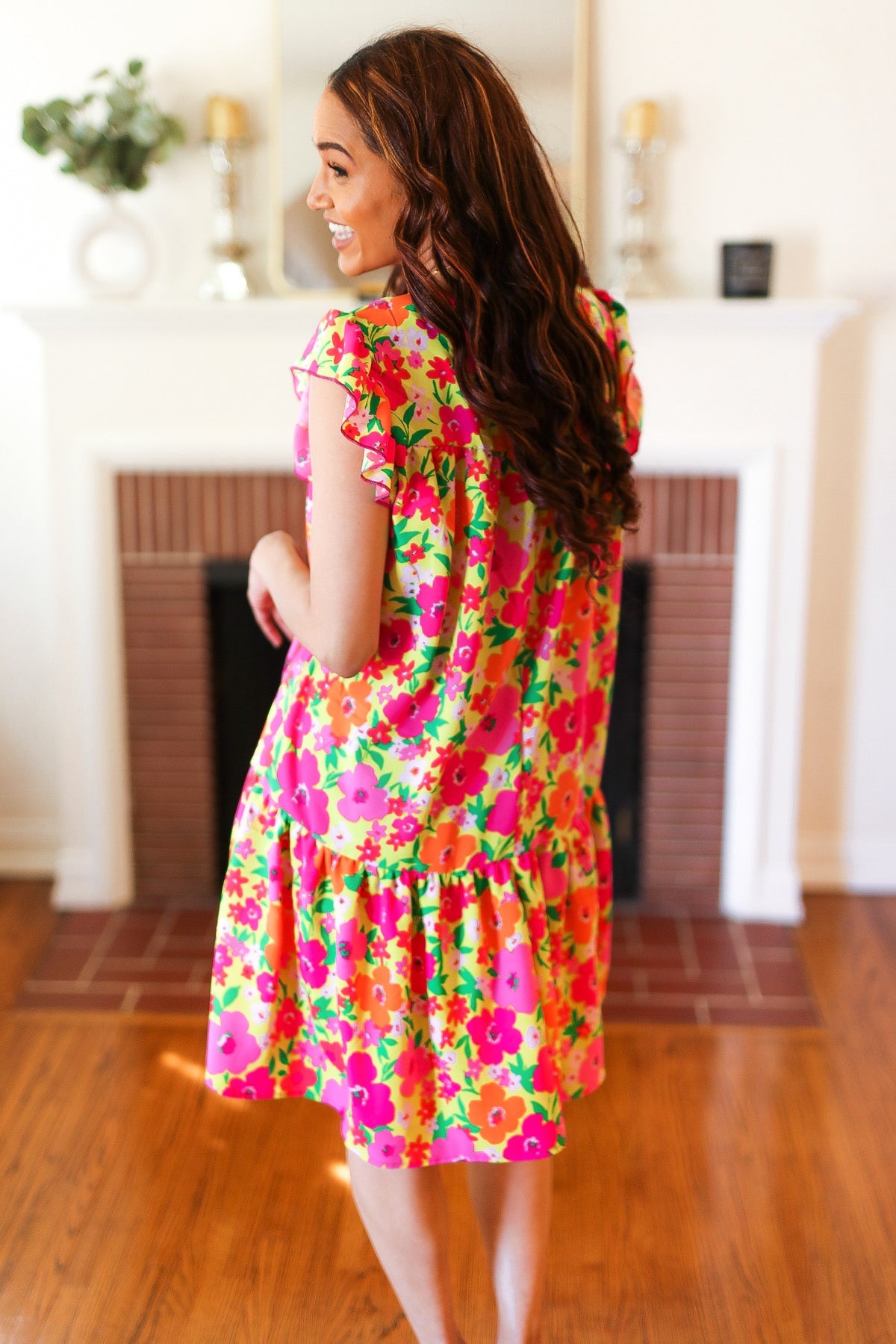 Be Charming Lime & Pink Floral Print Tiered Ruffle Sleeve Dress - Charming Charlie