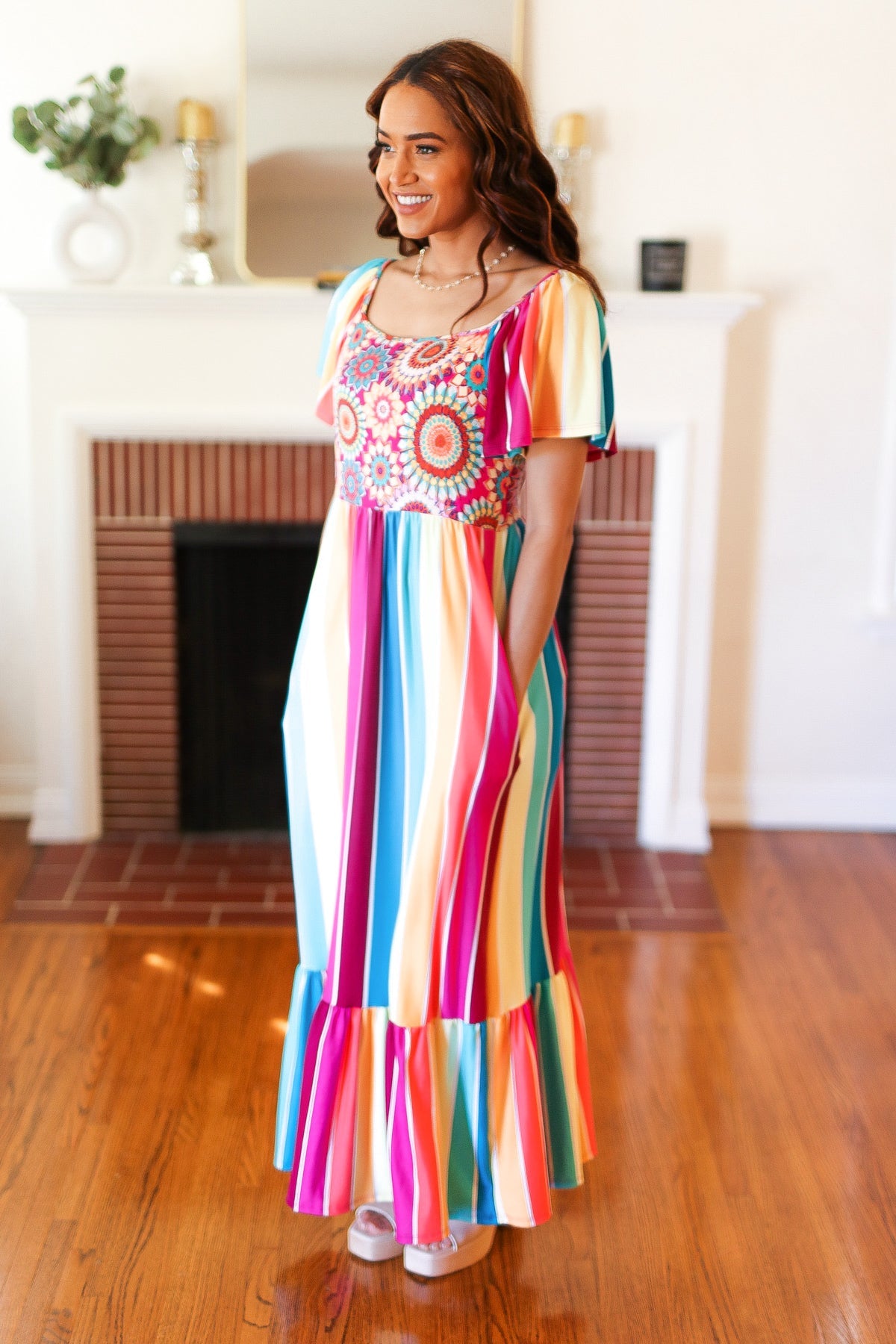 Feeling Bold Fuchsia & Teal Striped Medallion Crochet Print Dress - Charming Charlie