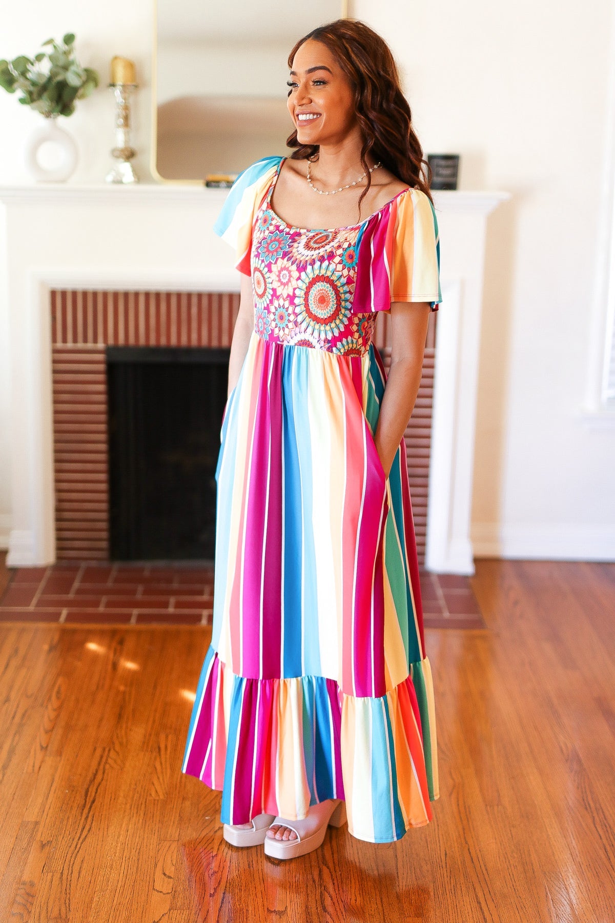 Feeling Bold Fuchsia & Teal Striped Medallion Crochet Print Dress - Charming Charlie