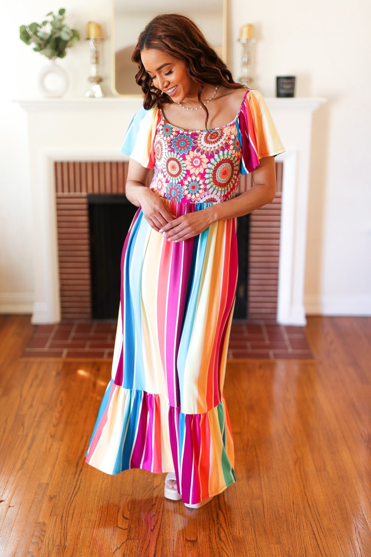 Feeling Bold Fuchsia & Teal Striped Medallion Crochet Print Dress - Charming Charlie