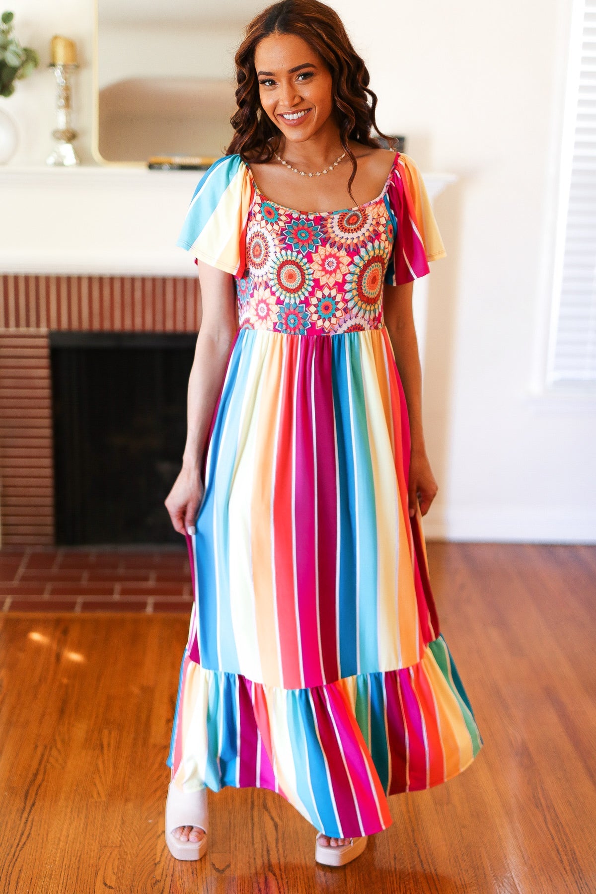 Feeling Bold Fuchsia & Teal Striped Medallion Crochet Print Dress - Charming Charlie