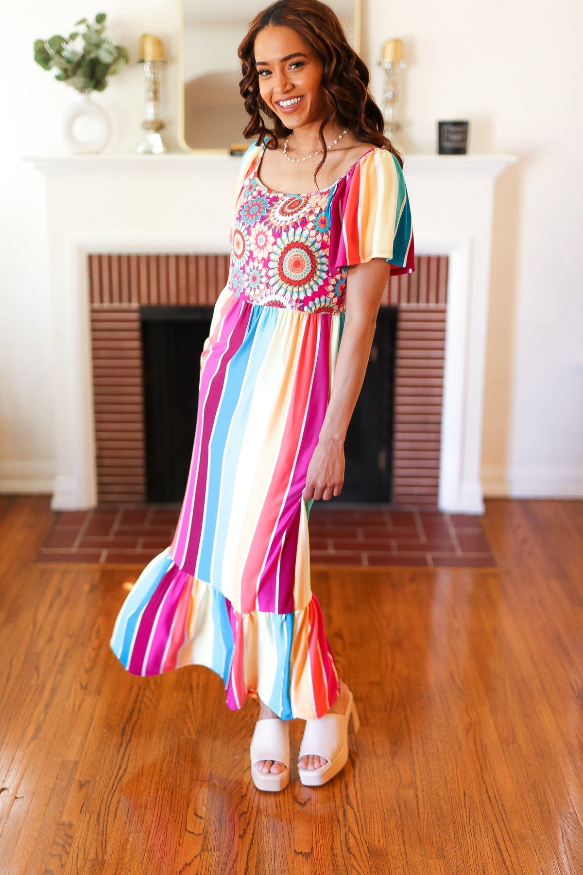 Feeling Bold Fuchsia & Teal Striped Medallion Crochet Print Dress - Charming Charlie