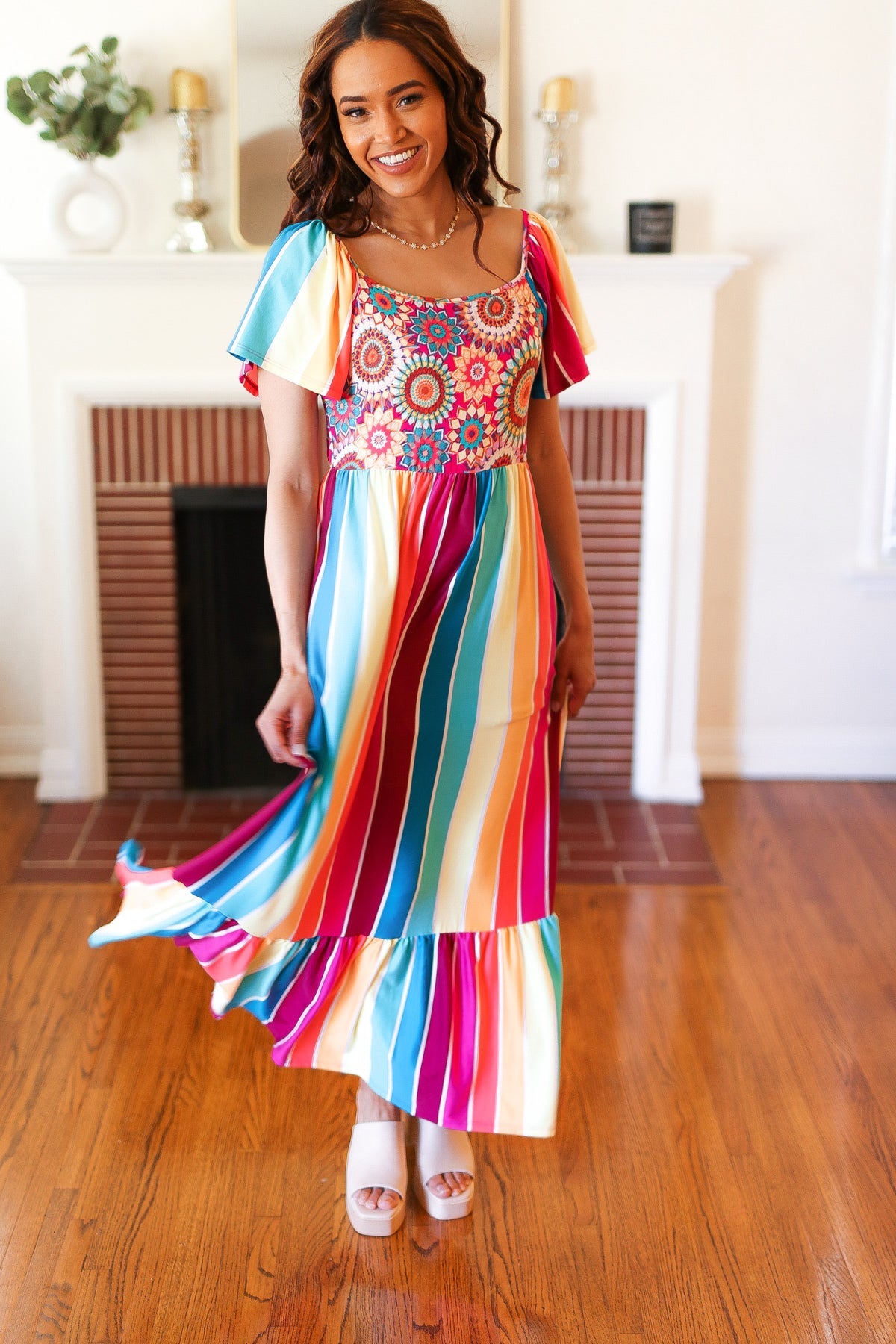 Feeling Bold Fuchsia & Teal Striped Medallion Crochet Print Dress - Charming Charlie