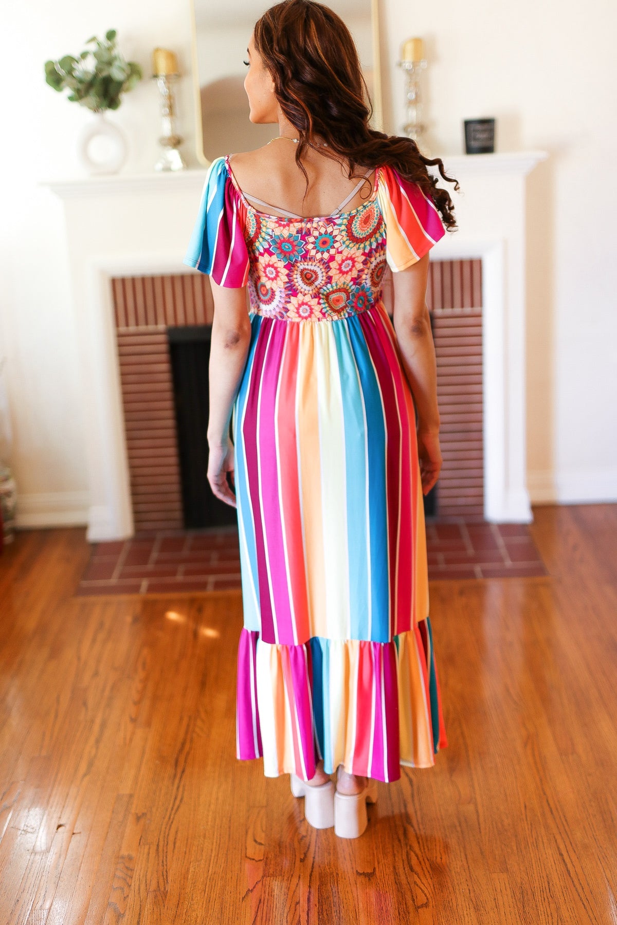 Feeling Bold Fuchsia & Teal Striped Medallion Crochet Print Dress - Charming Charlie