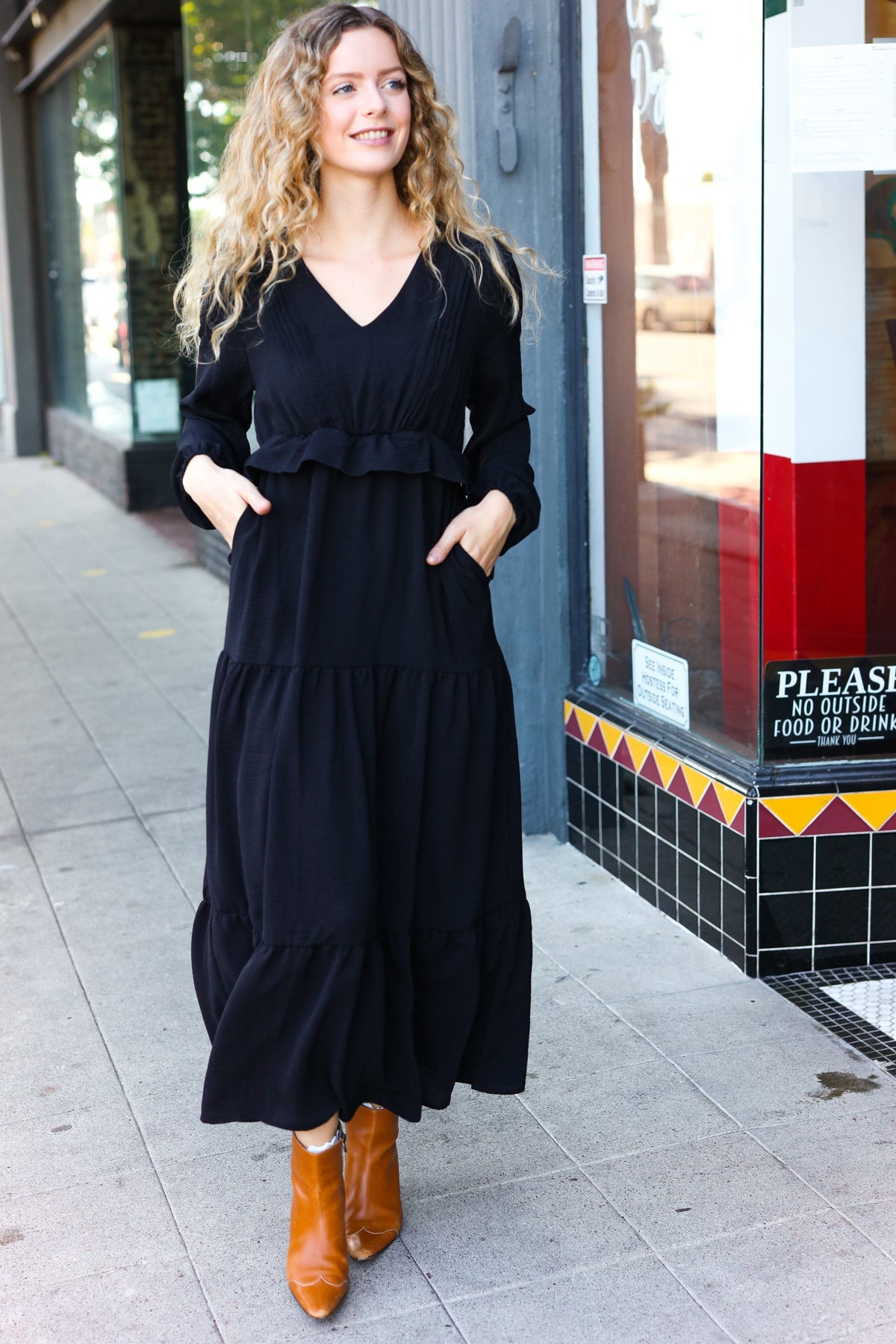 Beautiful You Black Pintuck Detail Frill V Neck Maxi Dress - Charming Charlie