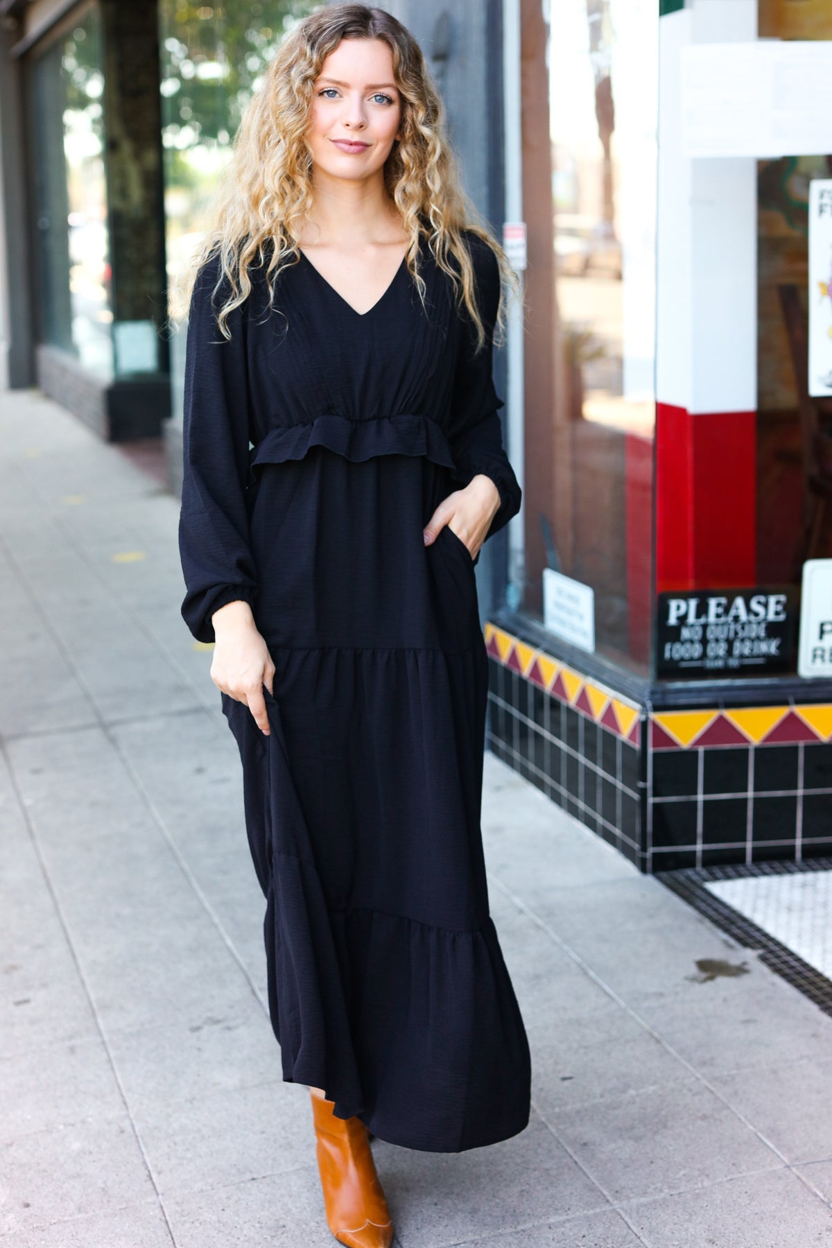Beautiful You Black Pintuck Detail Frill V Neck Maxi Dress - Charming Charlie