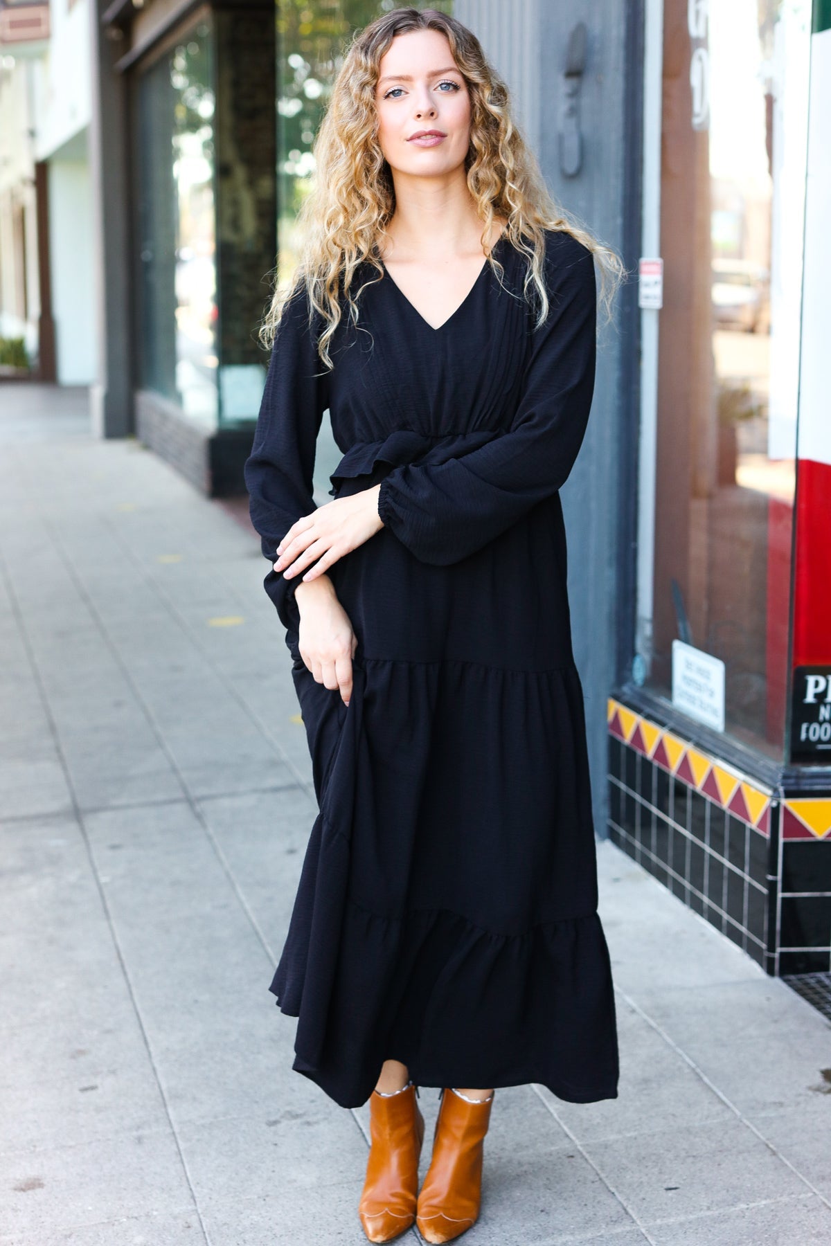 Beautiful You Black Pintuck Detail Frill V Neck Maxi Dress - Charming Charlie