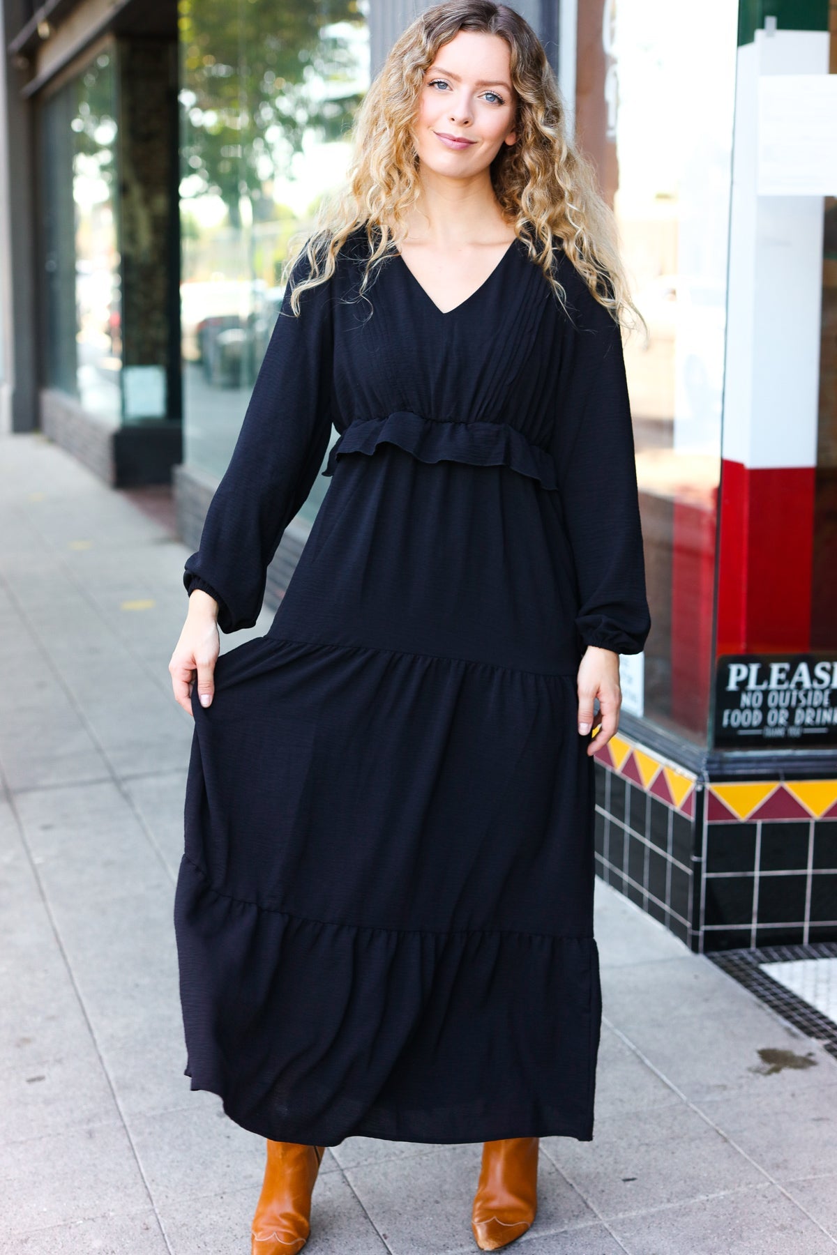 Beautiful You Black Pintuck Detail Frill V Neck Maxi Dress - Charming Charlie