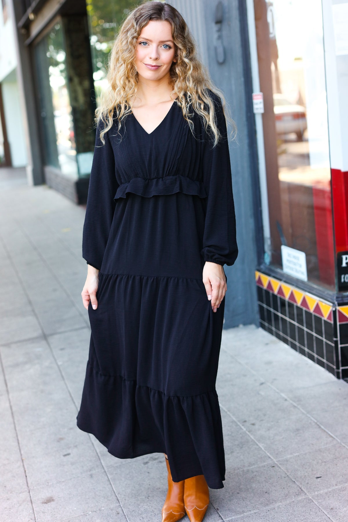 Beautiful You Black Pintuck Detail Frill V Neck Maxi Dress - Charming Charlie