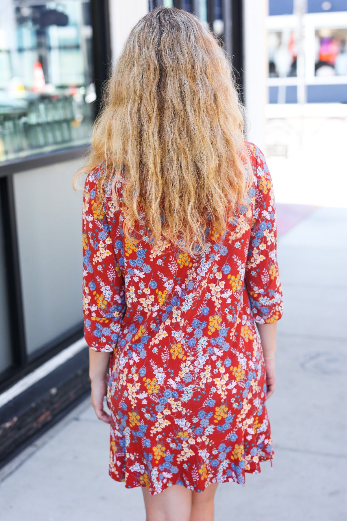 Spread Joy Rust Ruffle Floral Hem 3/4 Slit Sleeve Dress - Charming Charlie