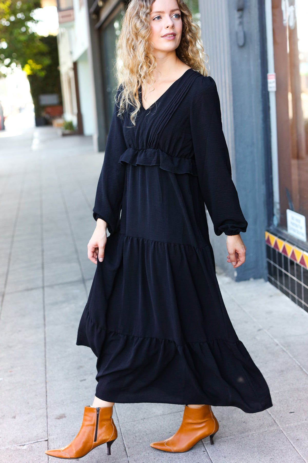 Beautiful You Black Pintuck Detail Frill V Neck Maxi Dress - Charming Charlie