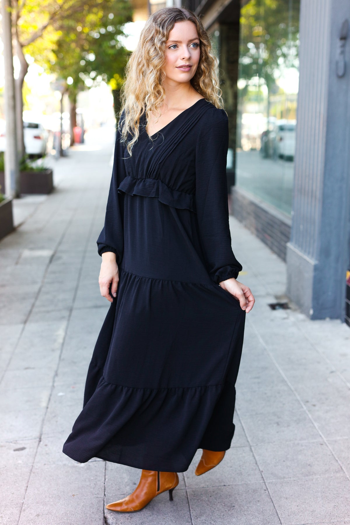 Beautiful You Black Pintuck Detail Frill V Neck Maxi Dress - Charming Charlie