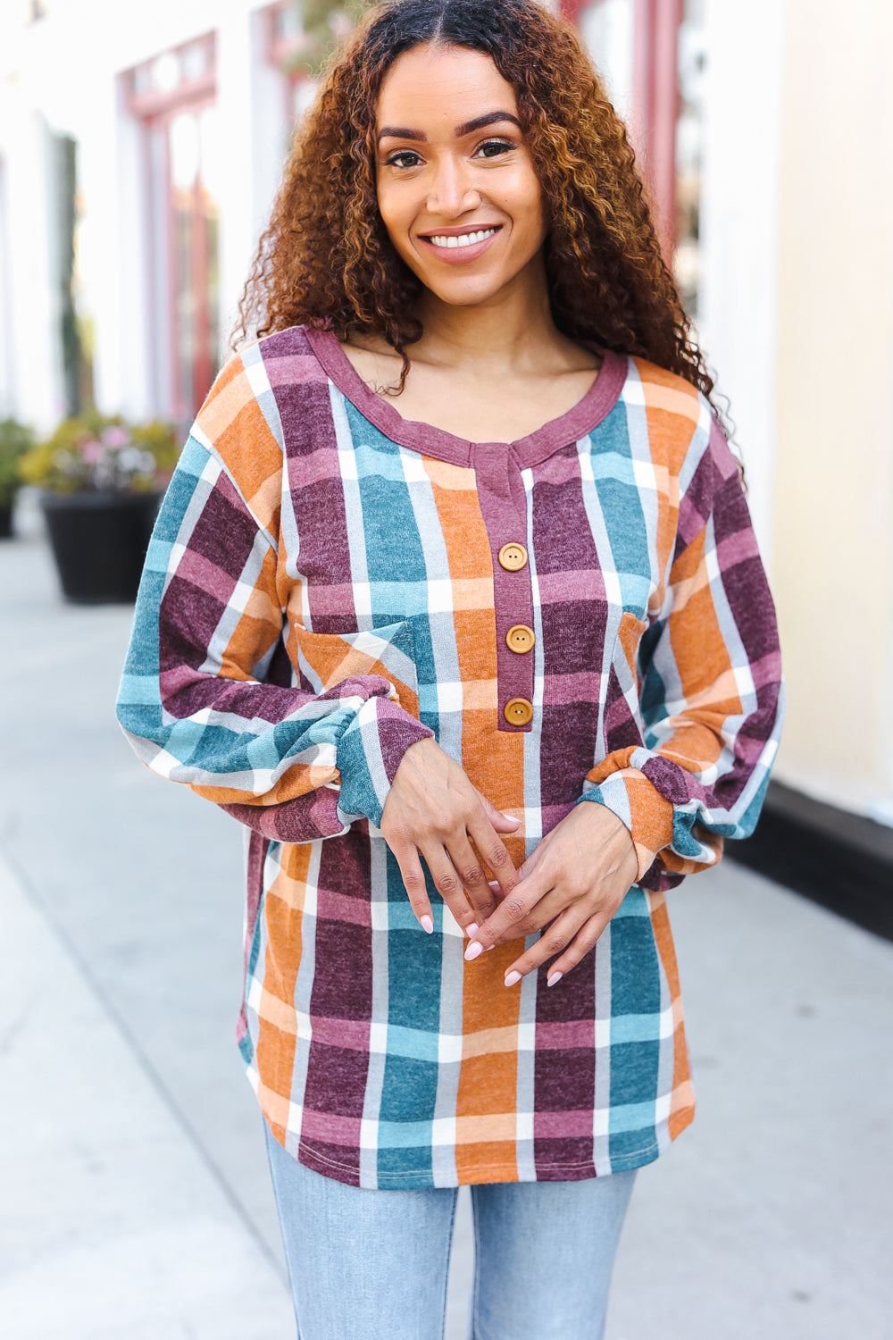 Adorable In Plaid French Terry Henley Pocket Top - Charming Charlie