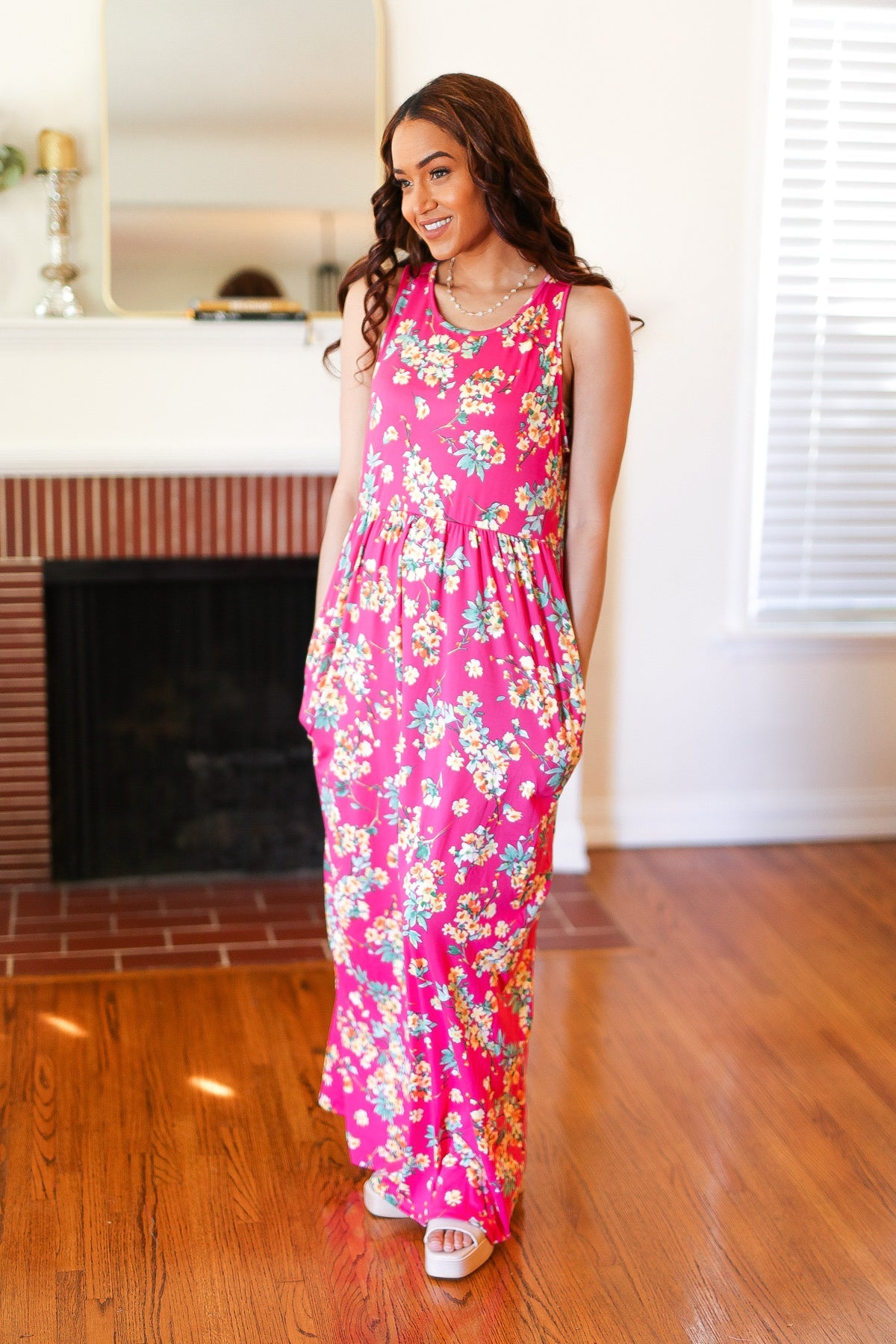 Pink Floral Print Fit and Flare Sleeveless Maxi Dress - Charming Charlie