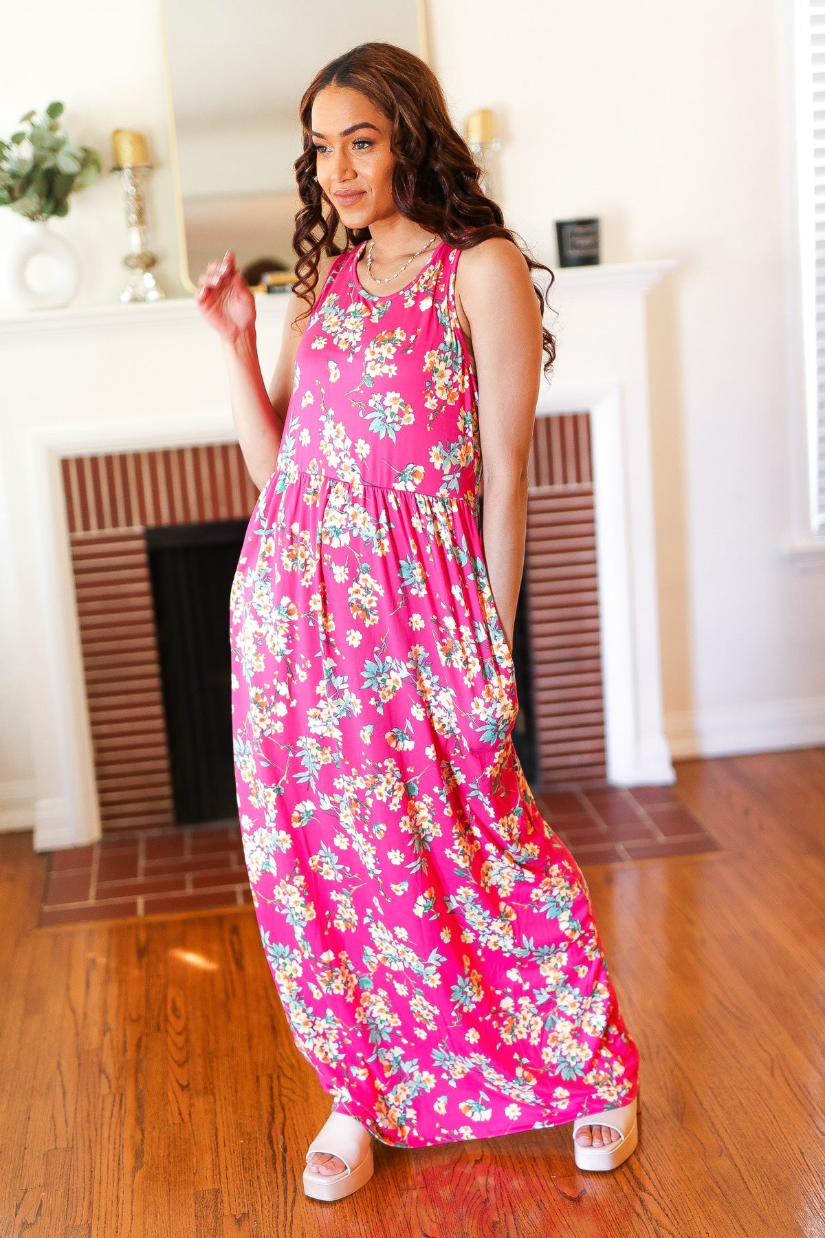 Pink Floral Print Fit and Flare Sleeveless Maxi Dress - Charming Charlie