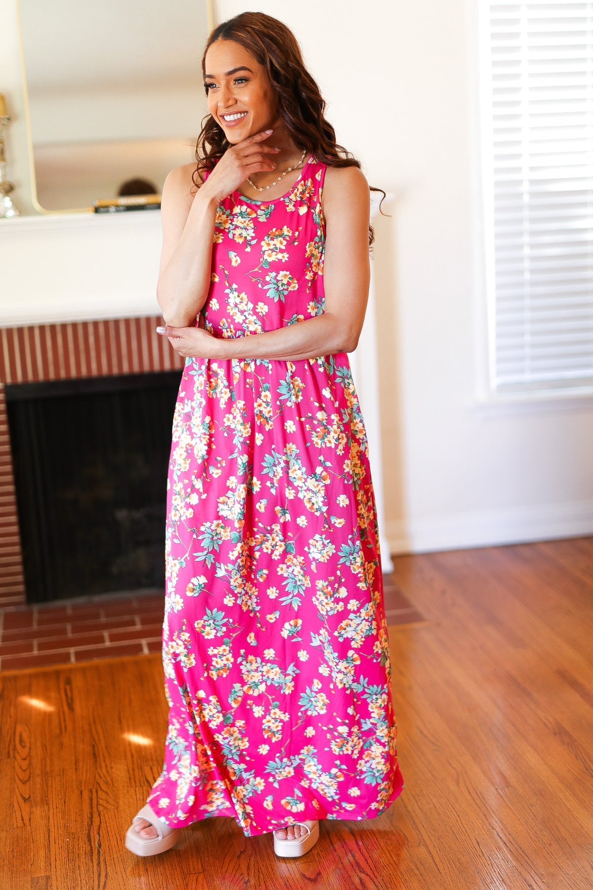 Pink Floral Print Fit and Flare Sleeveless Maxi Dress - Charming Charlie