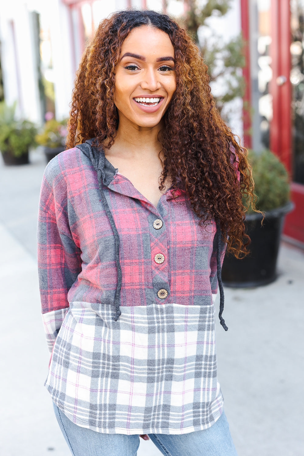 Pretty in Plaid Brushed Hacci Color Block Hoodie - Charming Charlie