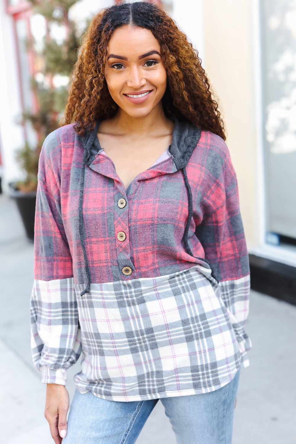 Pretty in Plaid Brushed Hacci Color Block Hoodie - Charming Charlie