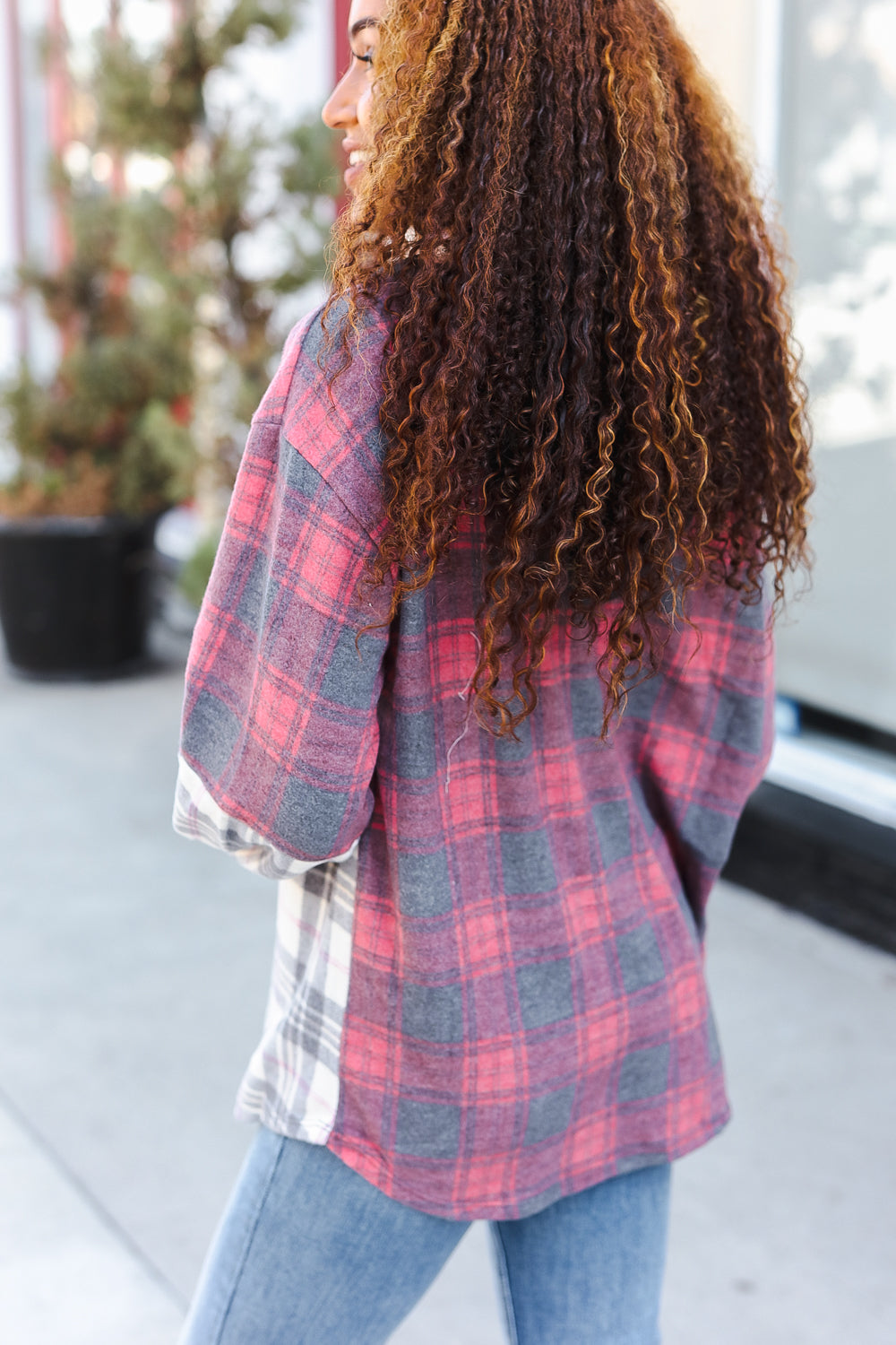 Pretty in Plaid Brushed Hacci Color Block Hoodie - Charming Charlie