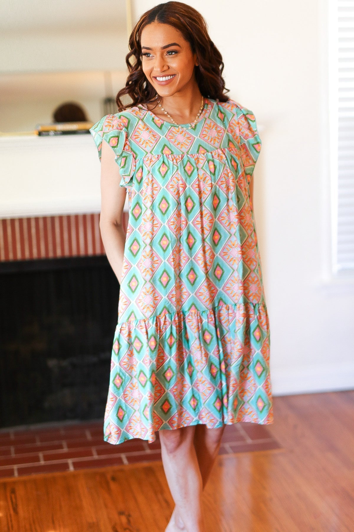 Mint Geo Boho Print Yoke Poplin Woven Dress - Charming Charlie