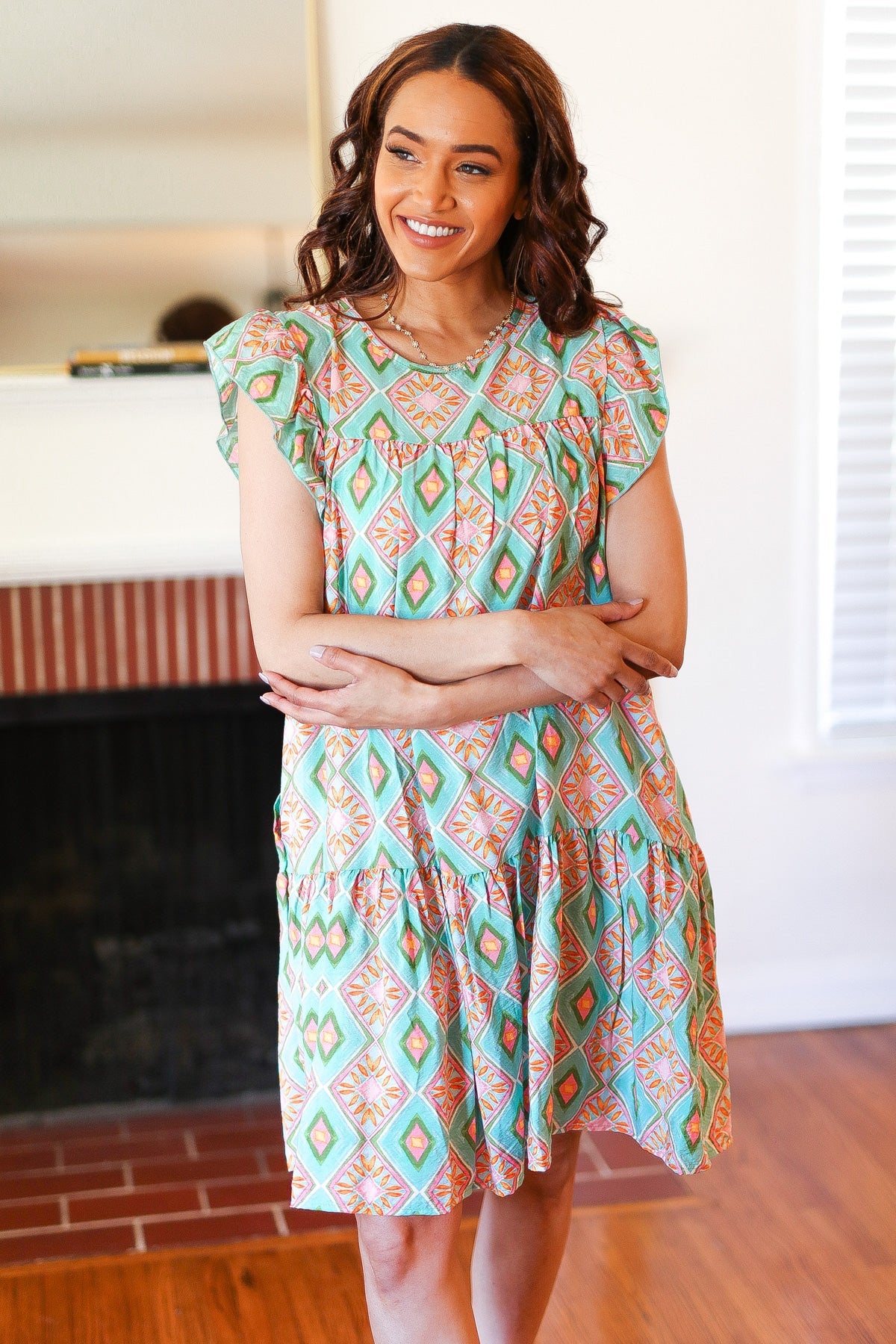 Mint Geo Boho Print Yoke Poplin Woven Dress - Charming Charlie