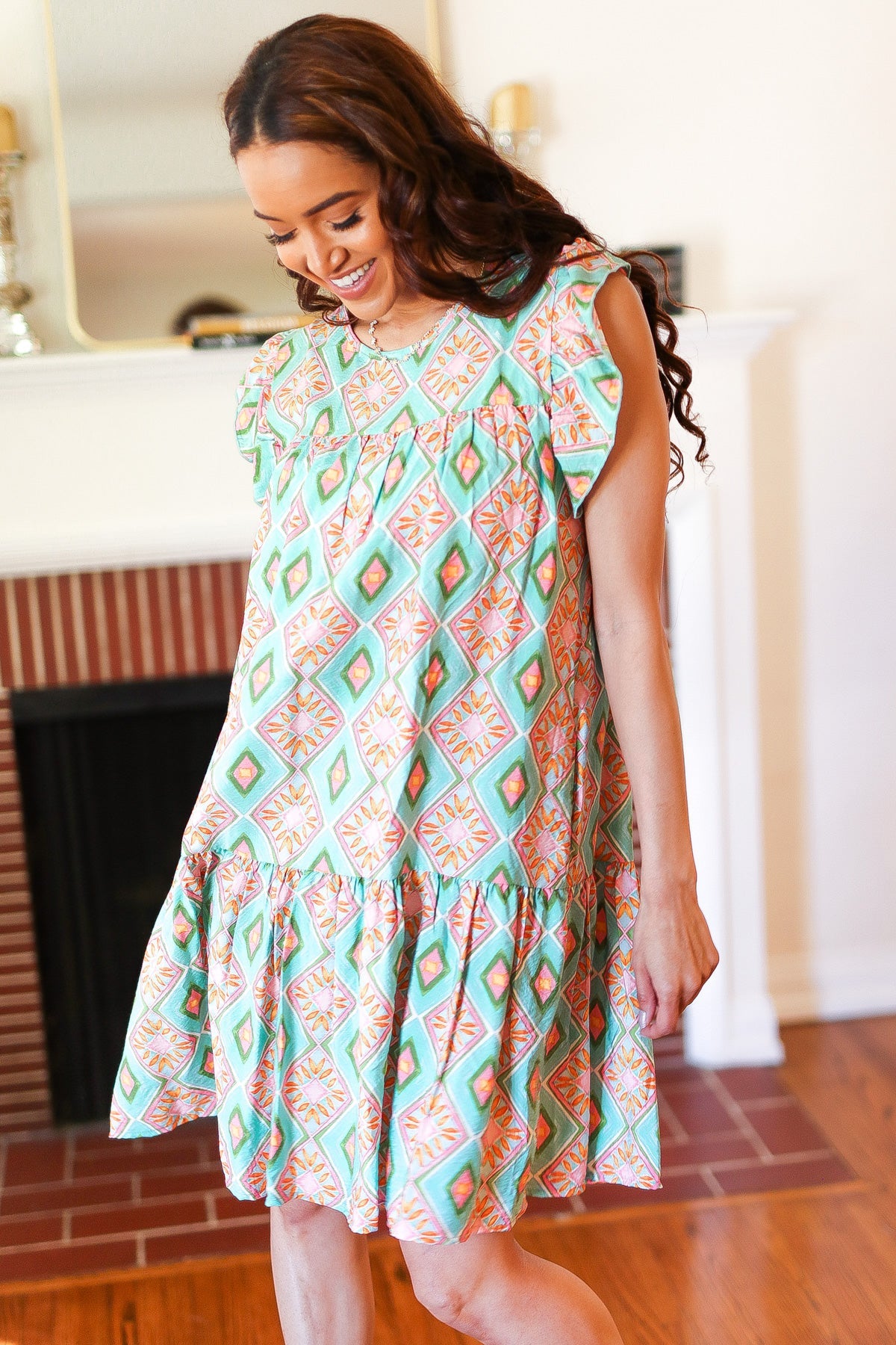 Mint Geo Boho Print Yoke Poplin Woven Dress - Charming Charlie