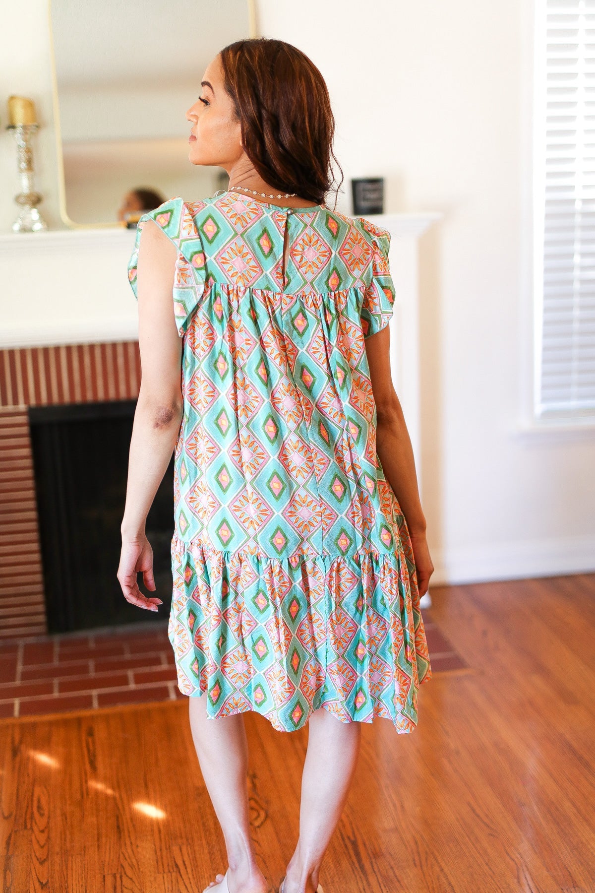 Mint Geo Boho Print Yoke Poplin Woven Dress - Charming Charlie