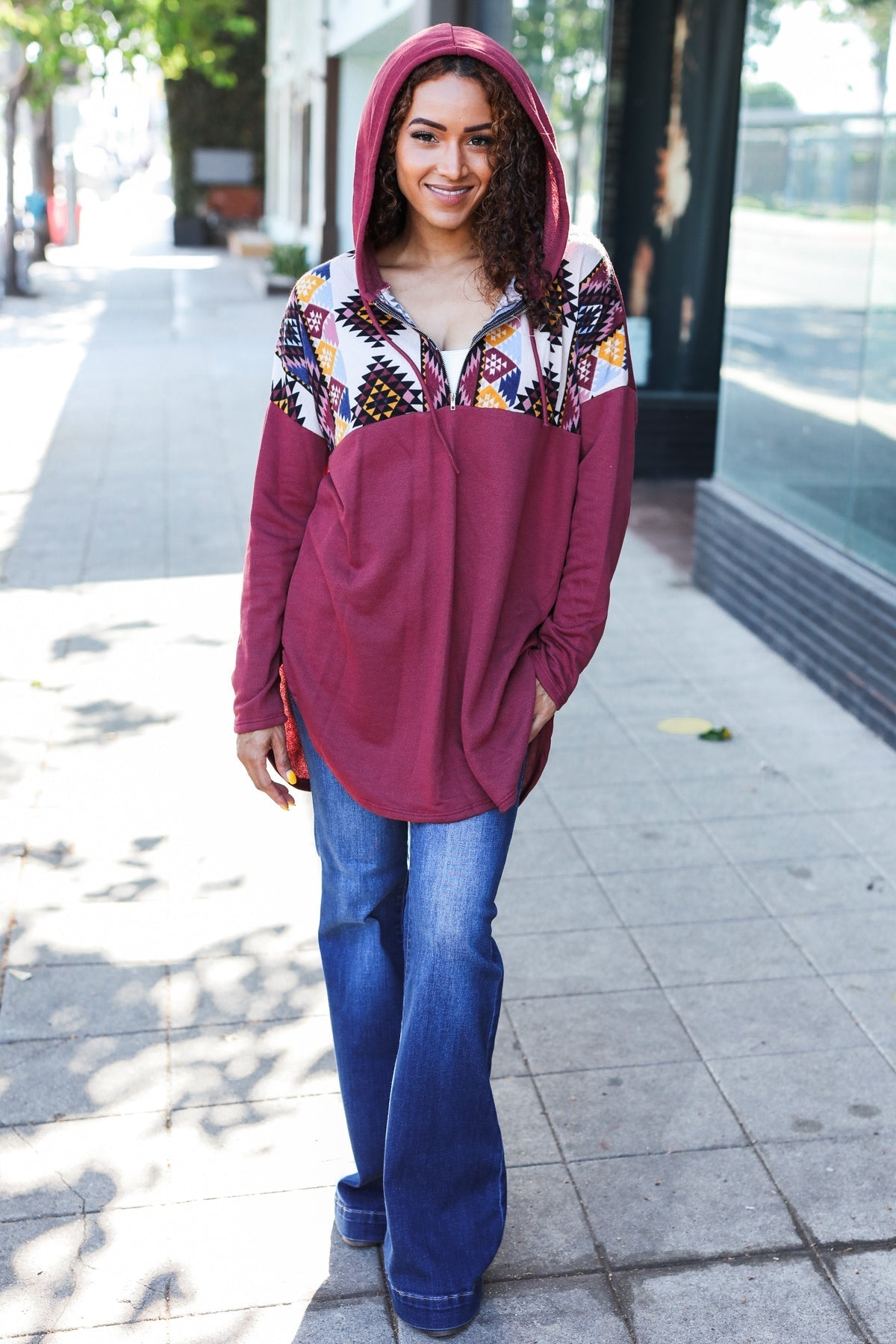 Stand Out Burgundy Tribal Print Half Zip Longline Hoodie - Charming Charlie
