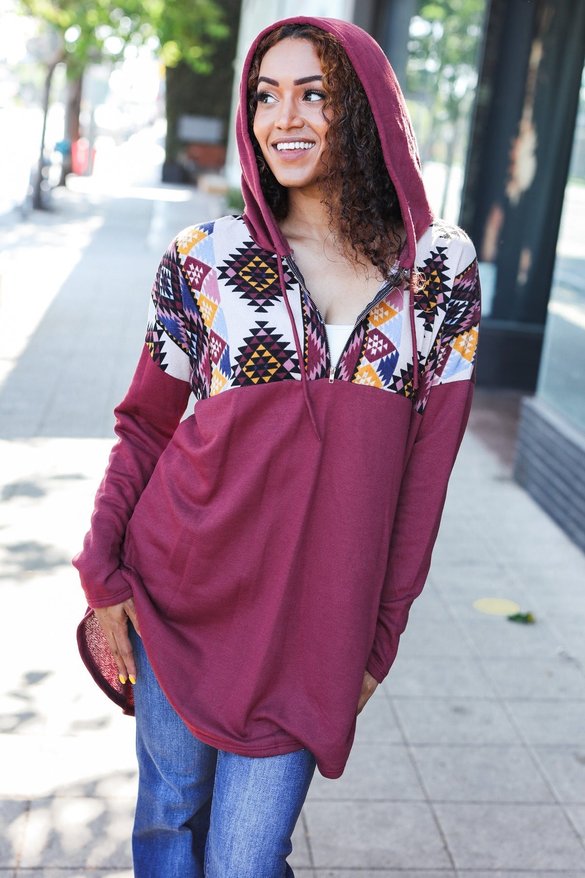Stand Out Burgundy Tribal Print Half Zip Longline Hoodie - Charming Charlie