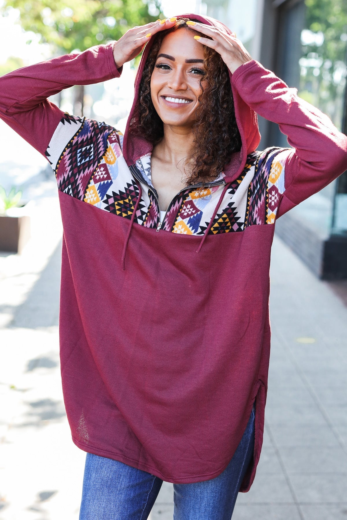 Stand Out Burgundy Tribal Print Half Zip Longline Hoodie - Charming Charlie
