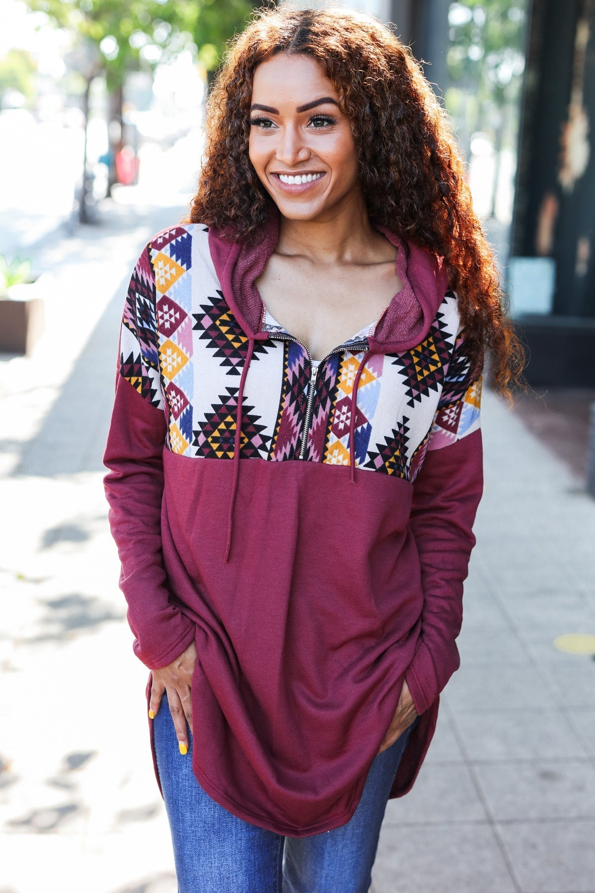 Stand Out Burgundy Tribal Print Half Zip Longline Hoodie - Charming Charlie