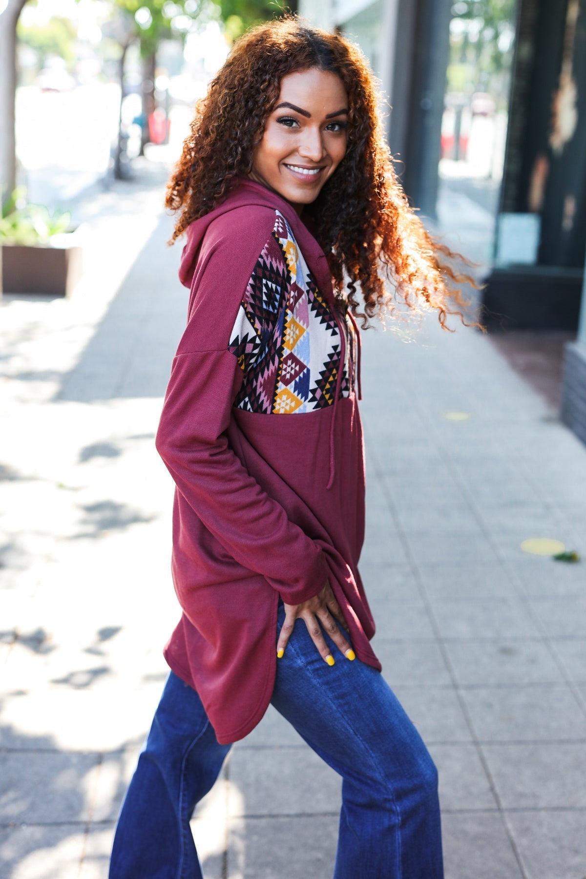 Stand Out Burgundy Tribal Print Half Zip Longline Hoodie - Charming Charlie
