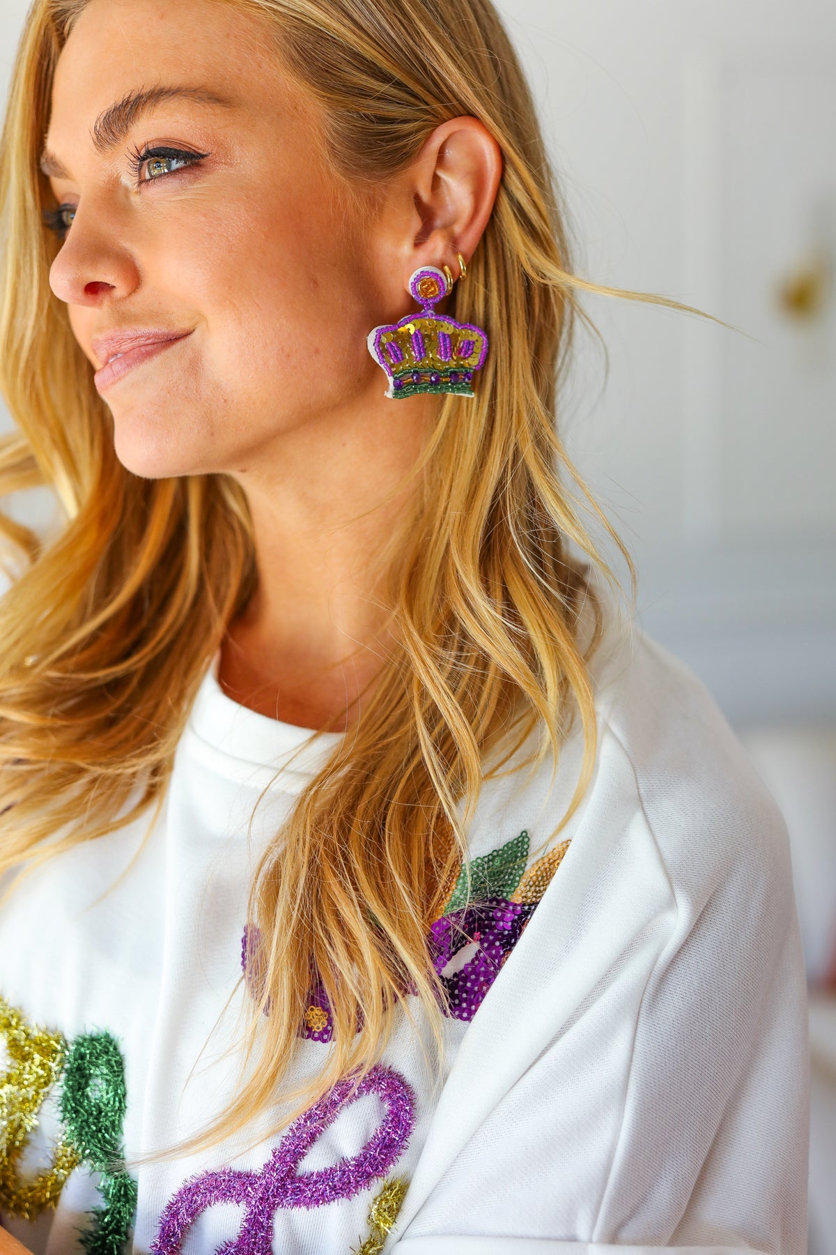 Mardi Gras Sequin & Beaded Crown Dangle Earrings - Charming Charlie