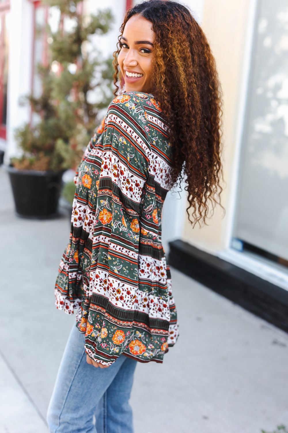 Beautiful You Green Floral Stripe Woven Blouse - Charming Charlie