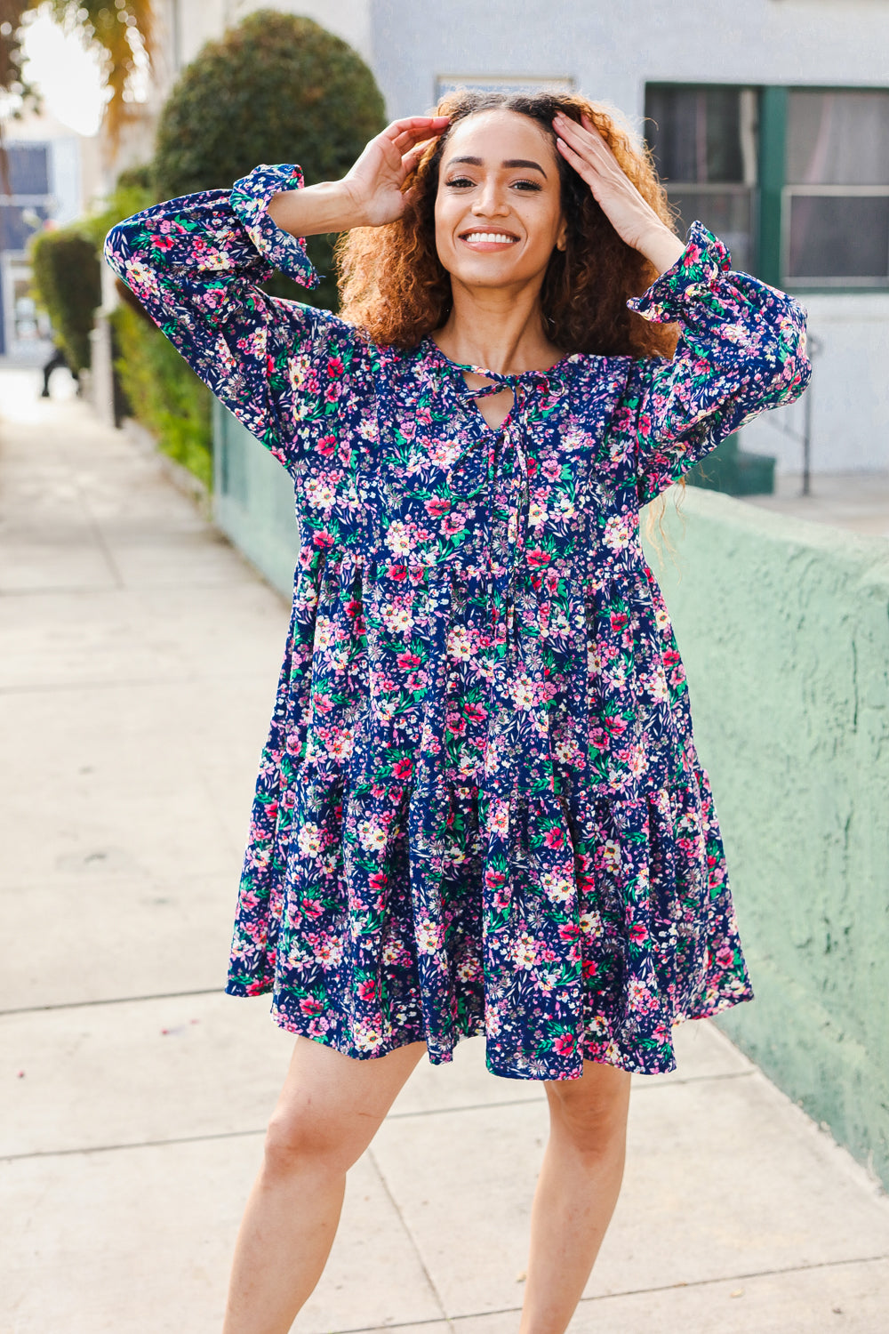 Feeling Joyful Navy Floral Bow Tie Babydoll Long Ruffle Sleeve Dress - Charming Charlie