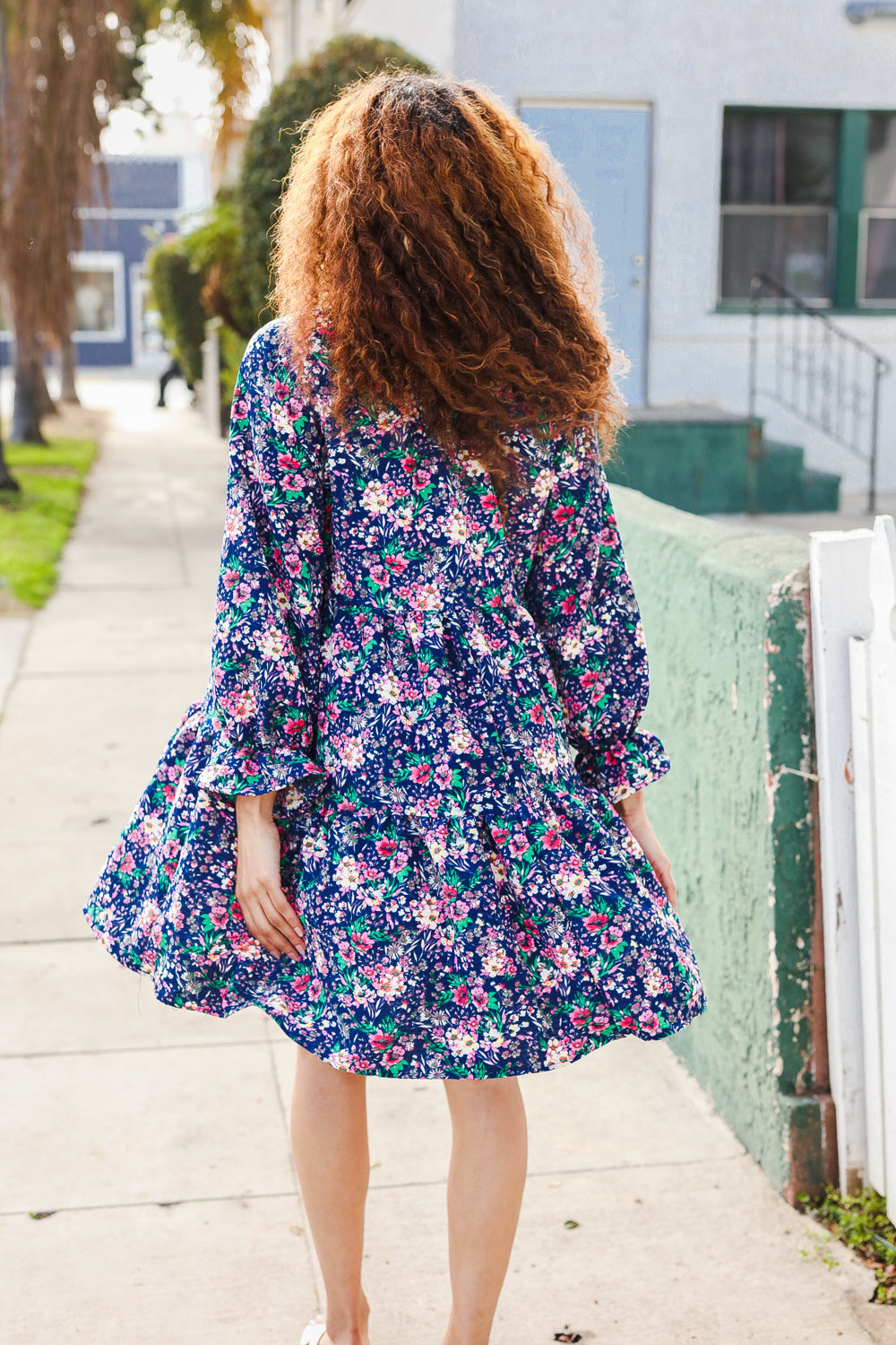Feeling Joyful Navy Floral Bow Tie Babydoll Long Ruffle Sleeve Dress - Charming Charlie