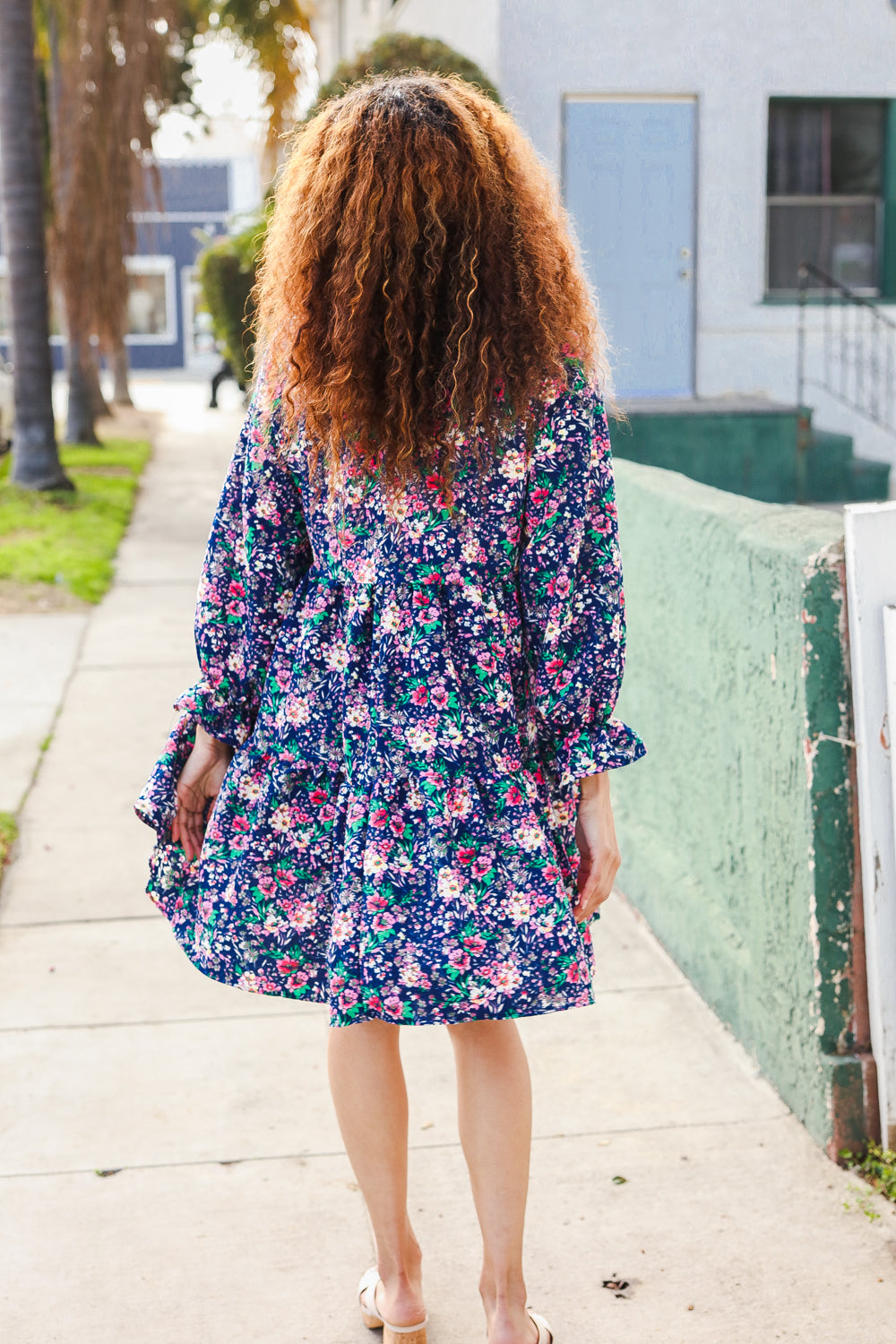 Feeling Joyful Navy Floral Bow Tie Babydoll Long Ruffle Sleeve Dress - Charming Charlie