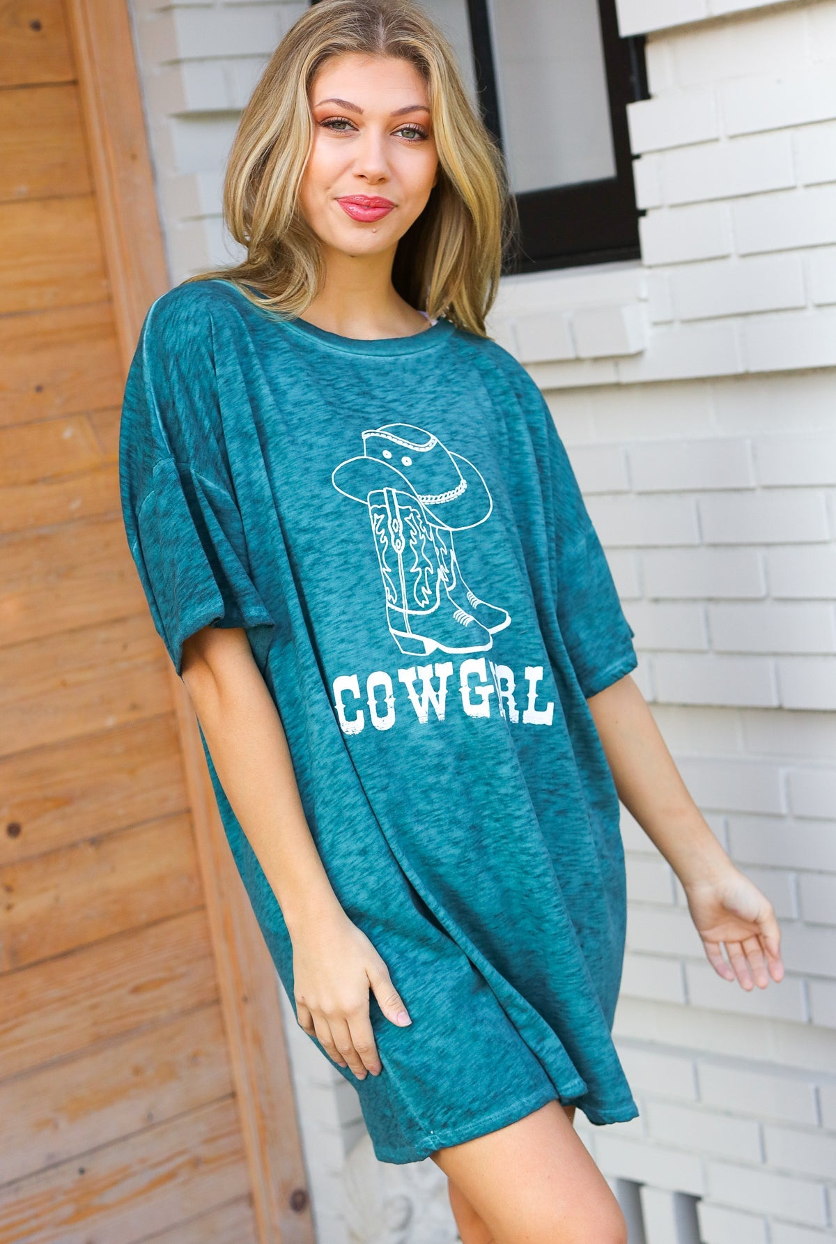 Emerald Cotton Blend COWGIRL Graphic Long Tee - Charming Charlie