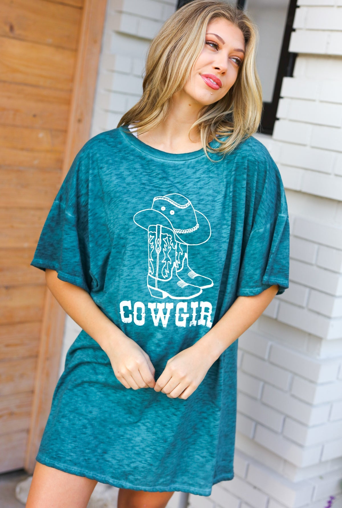 Emerald Cotton Blend COWGIRL Graphic Long Tee - Charming Charlie