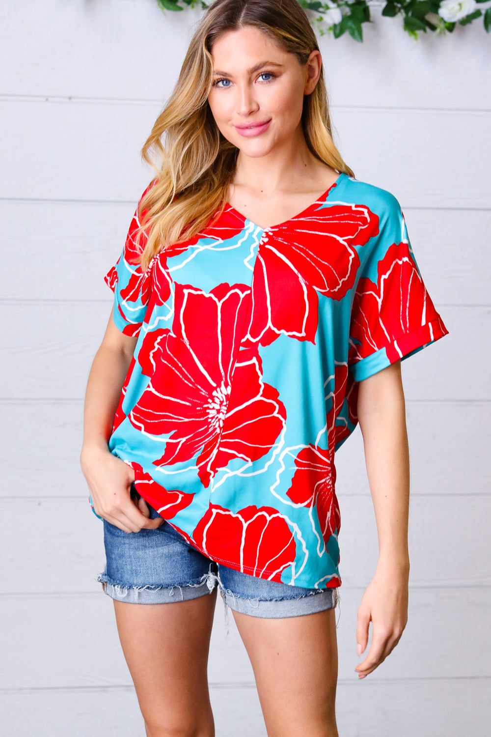 Teal & Cherry Red Floral Print V Neck Top - Charming Charlie