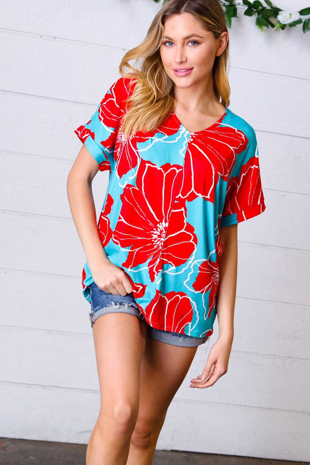 Teal & Cherry Red Floral Print V Neck Top - Charming Charlie