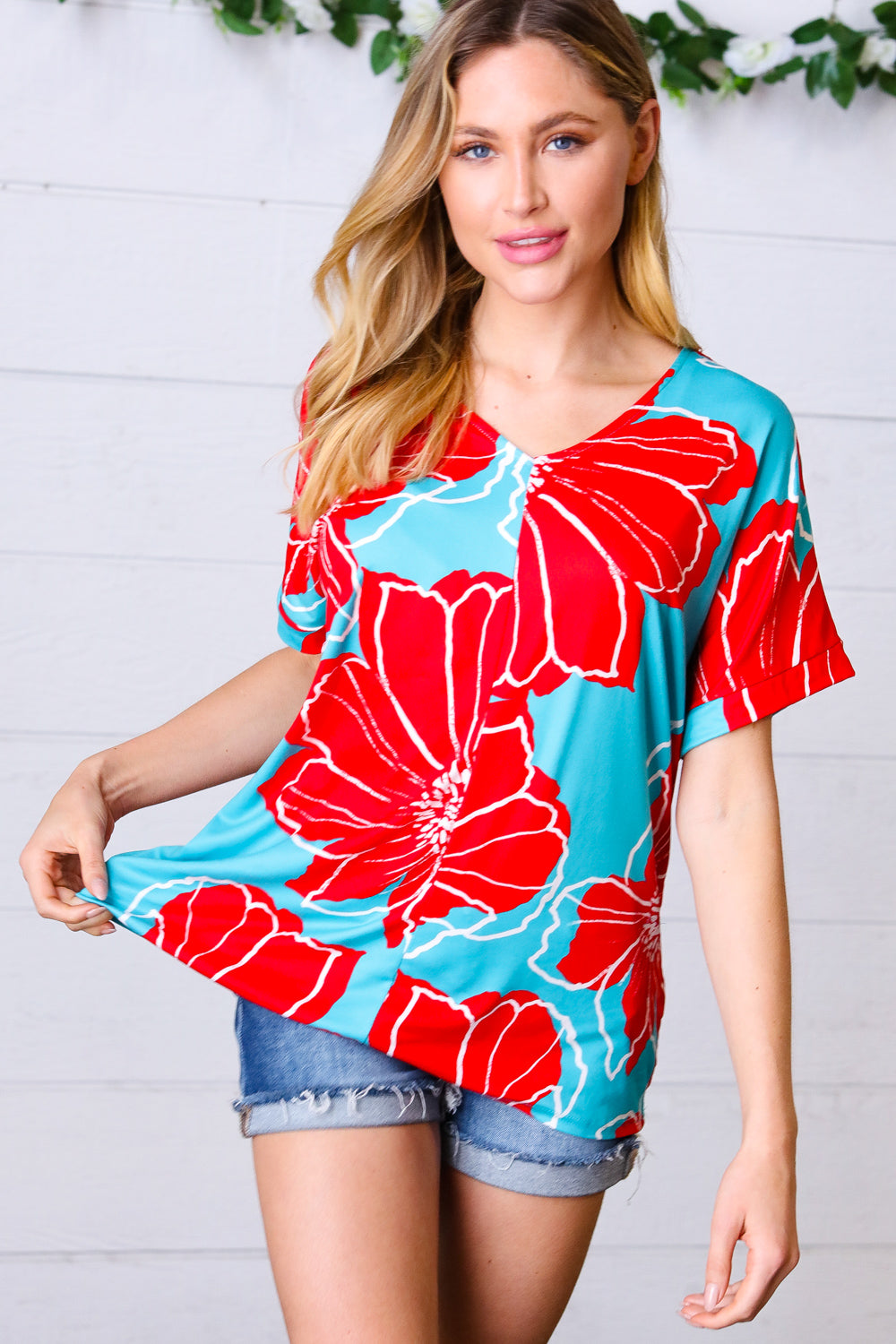 Teal & Cherry Red Floral Print V Neck Top - Charming Charlie