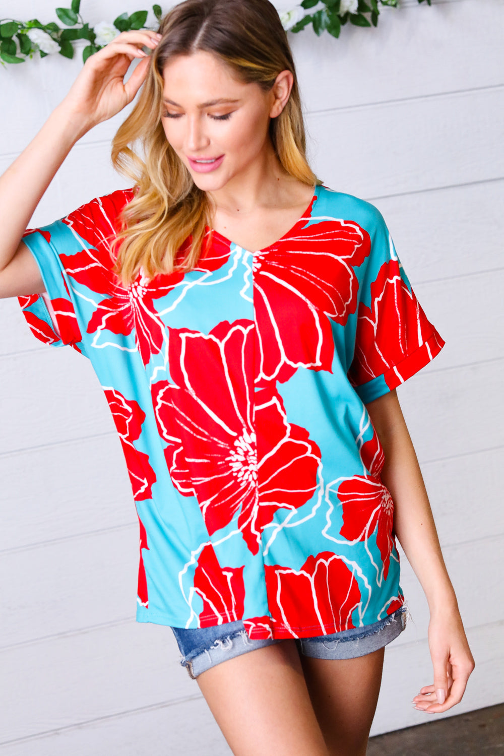 Teal & Cherry Red Floral Print V Neck Top - Charming Charlie
